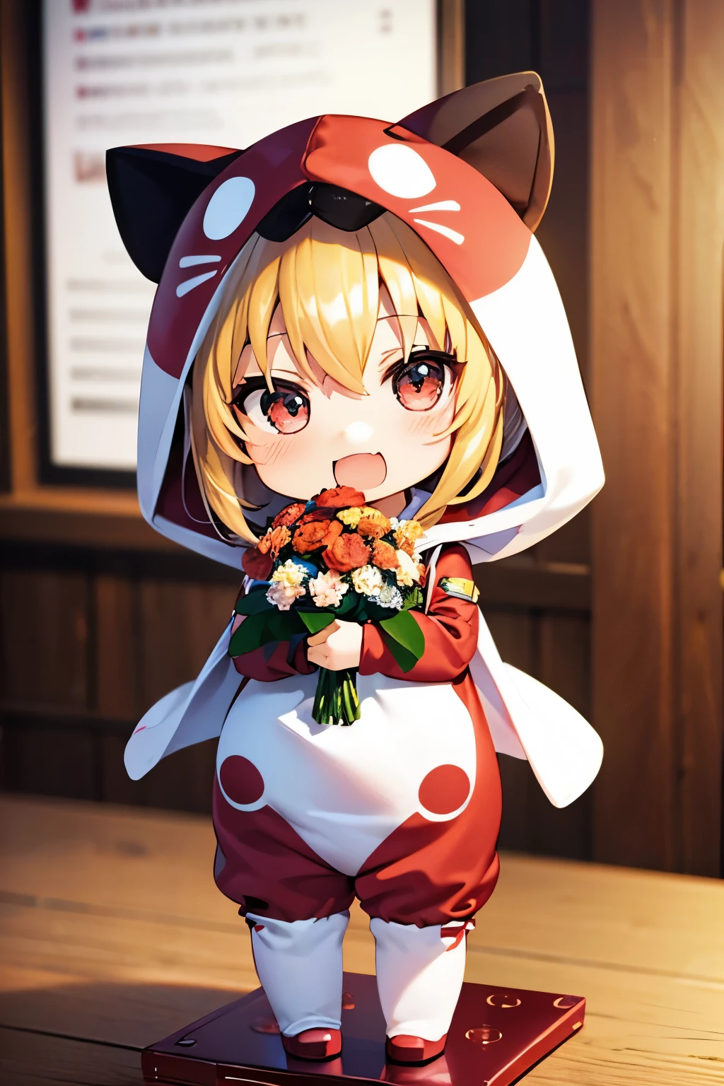 (Chibi:1.3), happy, (holding a bouquet), full body, (Kigurumi), indoors, on the table, (Nendoroid:1.1),