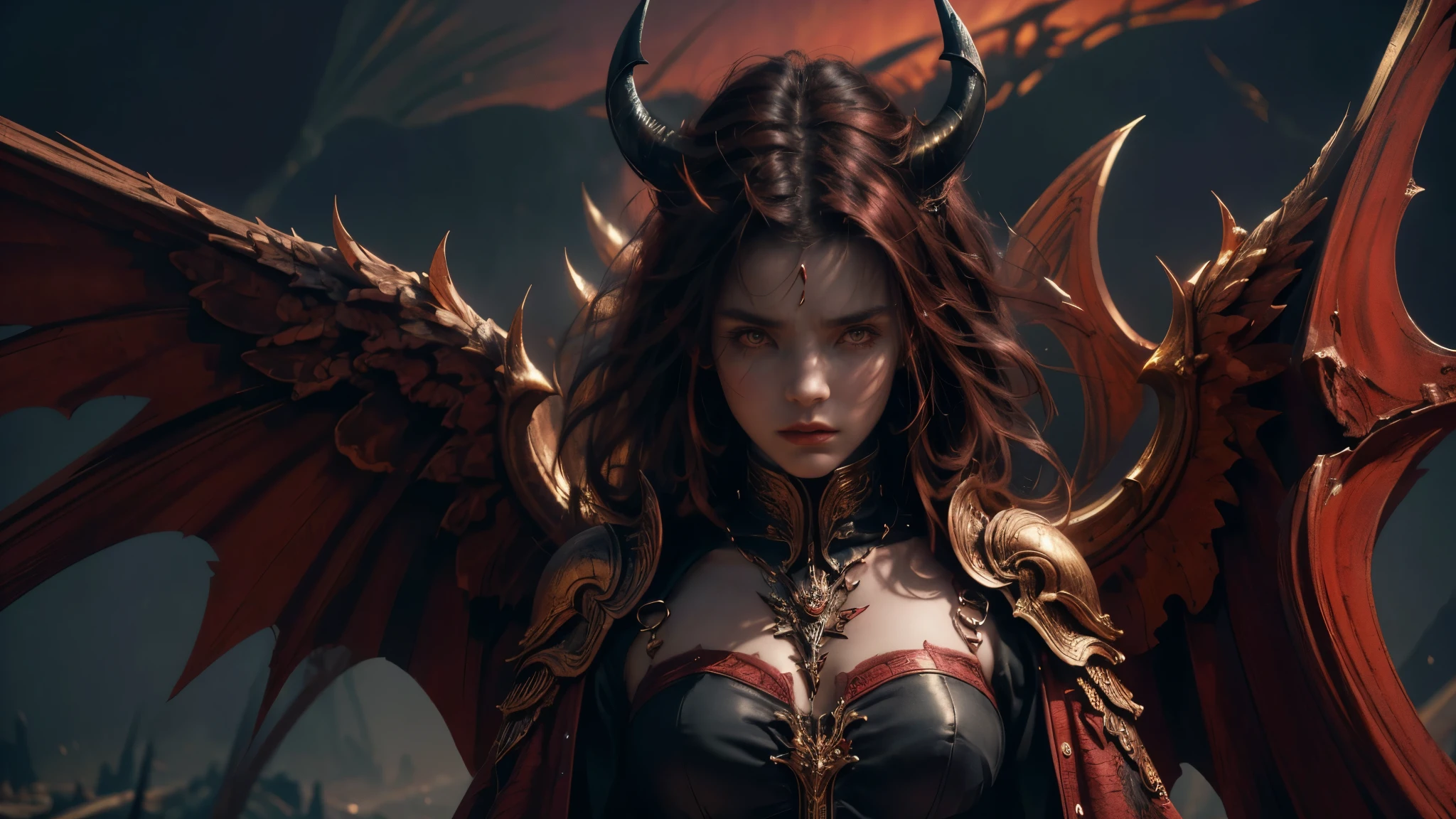 Lilith's descent with her black wings, face sharp as from a photo of high resolution (detailed face), full body, (whole body), with an aura of fire. Exclusive style of D14bl0, extremely detailed and high quality, 8k, cinematic, no serration, strokes and a famous artist, no blurred image, very well done strokes, no deformation in the eyes, mouth and nose, all drawn perfectly, leonardo da vinci style.