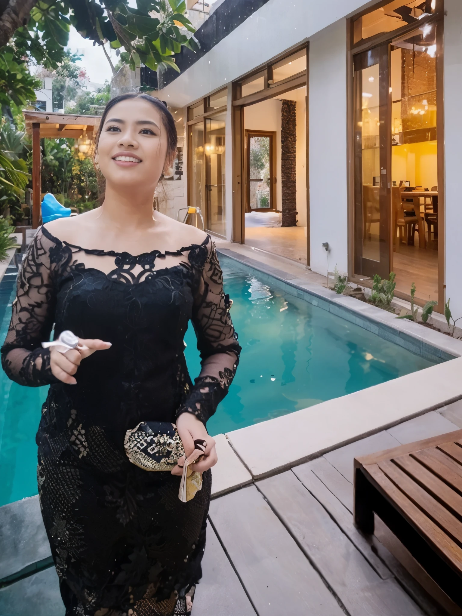 Indonesian women, black kebaya, plump, villa and swimming pool
