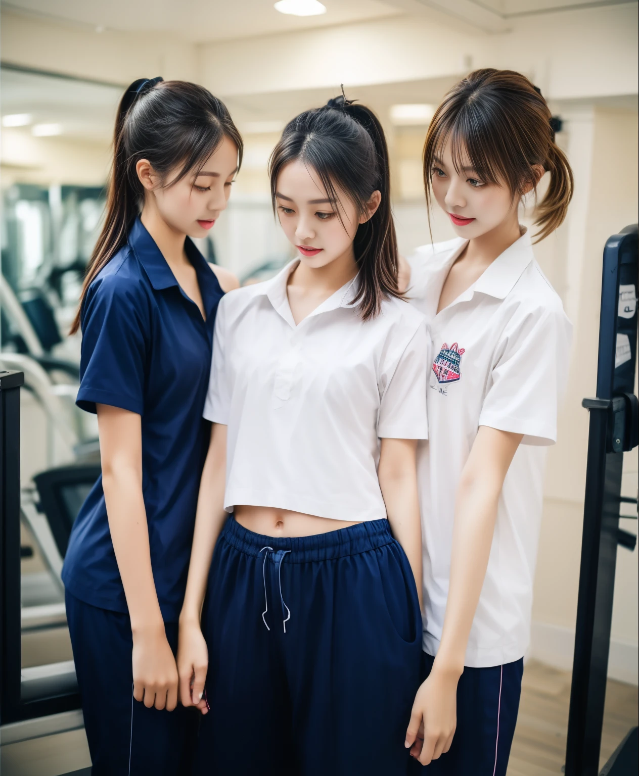3 girls in fitness center, Navy blue short sleeve shirt.,Navy Long Trackpant,Sweatpants, Sweatpantsขายาว,25 year old girl, homosexual woman, sexy, exercise clothes, wet body, exercise clothes