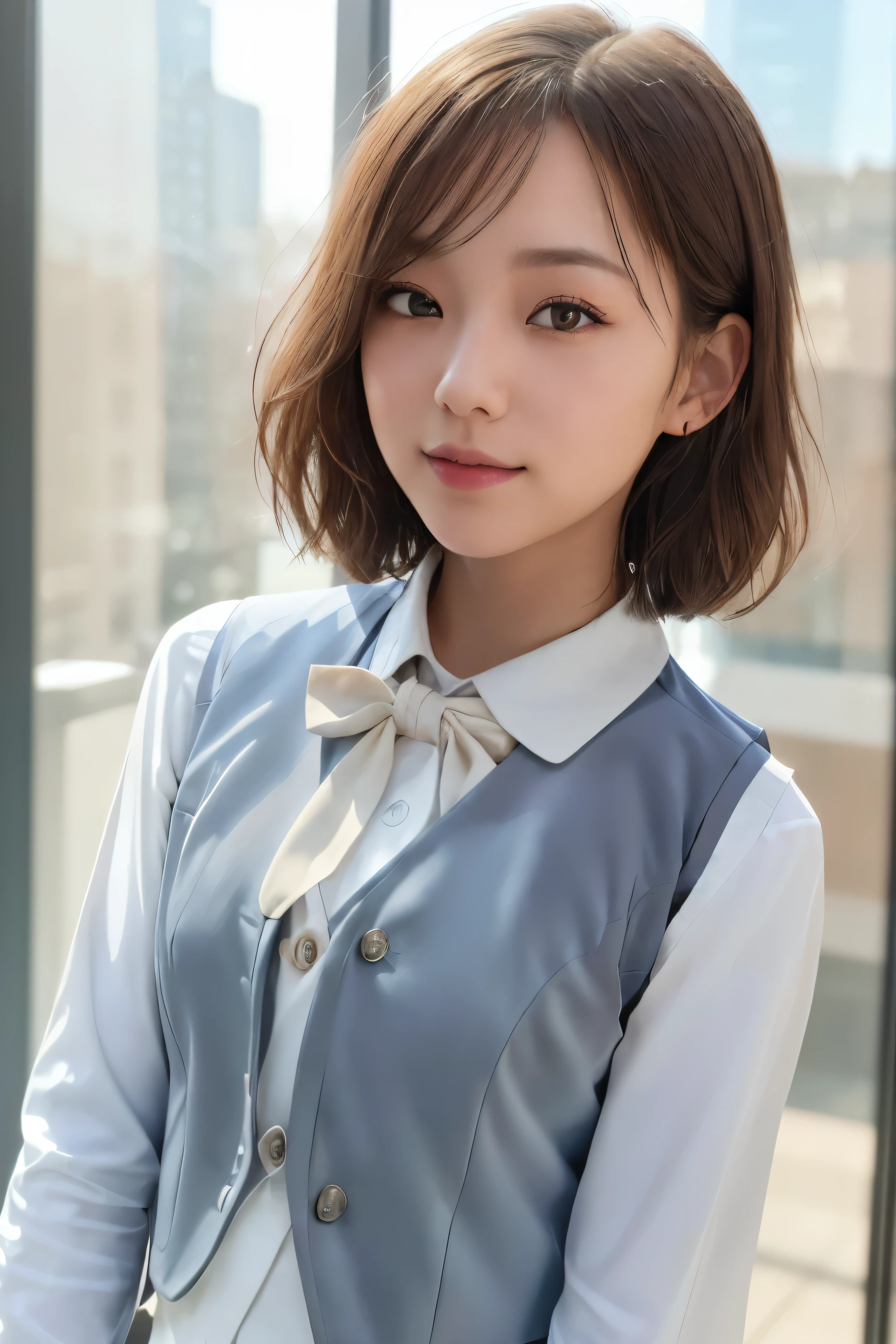1 girl, single woman, small bust, ((vest wear:1.3)), long sleeve white shirt, uniform, bow, photograph, realistic, highest quality, hire, detailed face, office, building seen from the window, detailed background, big background, cowboy shot, diffused sunlight, written boundary depth, Bokeh