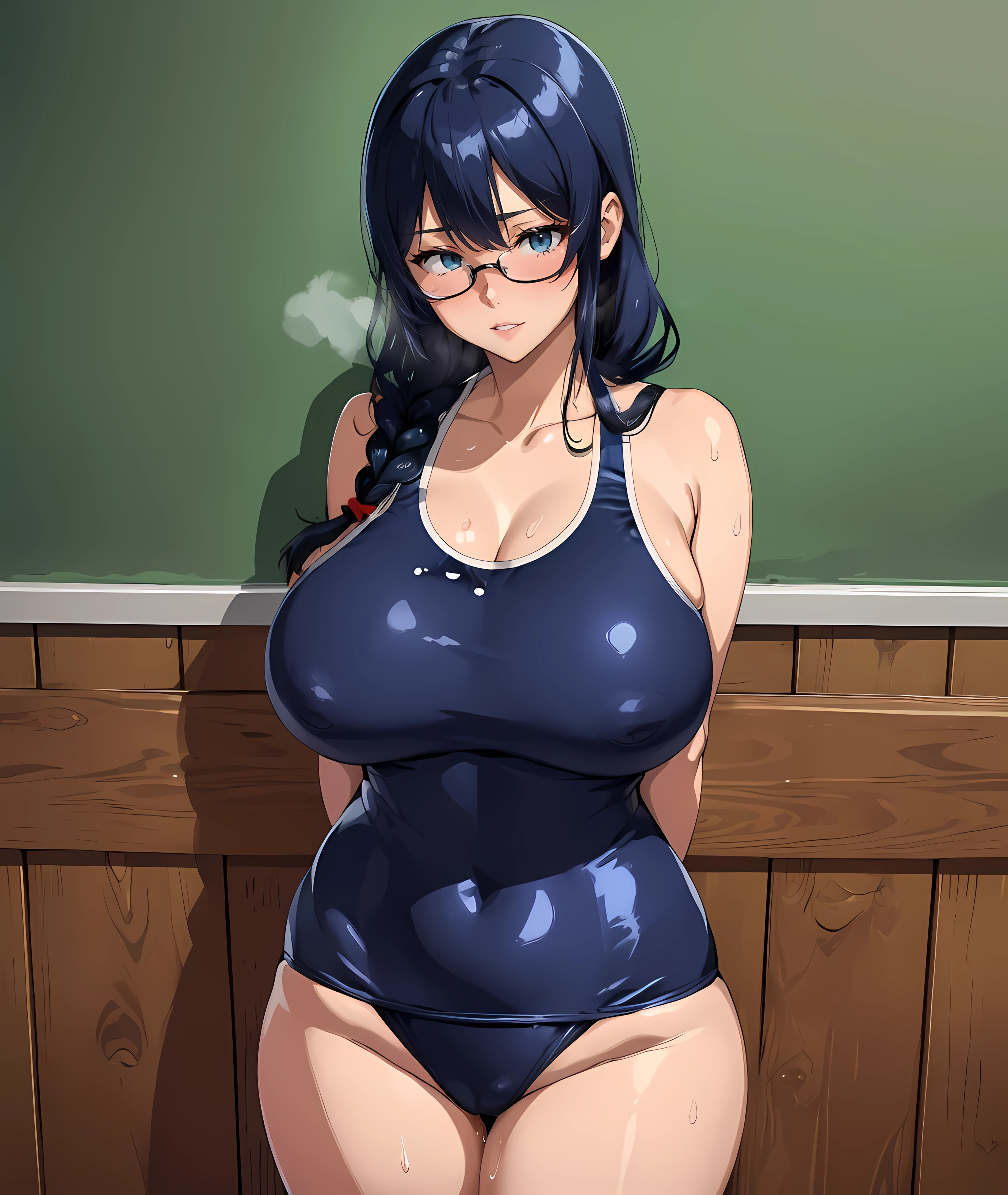 ((navy blue school swimsuit))、(black glasses)、Super precise illustration、Super precise expression、masterpiece、highest quality、ultra High resolution、High resolution、(big breasts:1.3)、Sweat、body fluid、shiny skin、place your arms next to your hips、big thighs、(black blue hair、long hair、Braid)、(Symptoms of dislike:1.25)、Standing picture、Mamifi