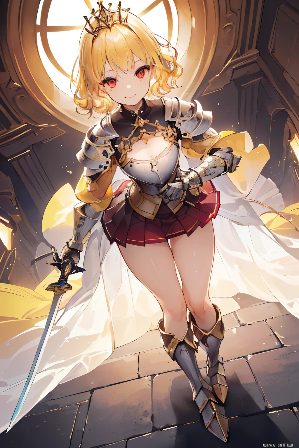 (((1girl))), ((best quality)), ((masterpiece)), ((ultra-detailed)), (illustration), (detailed light), (an extremely delicate and beautiful), (beautiful detailed eyes), (sunlight), ((extremely light)), ((extremely clothes)), (((hyper detail))),(((((front lighting))))),(((((front light))))),
((((quite adorable and metal armor with a pleated skirt and robe and tiara)))),
((((Grand Master Knight)))),
,
(((wavy short manish bob))), ((((yellow gold hair)))), ((((short hair)))),
(((deep red eyes))),
((((whole body)))), aged 5 to 8, ((((())))), ((((very adorable young girl)))),
((condescending expression)), ((mischievous smile with sexual satisfaction)), (((extra adorable))), (((((extra slender shape))))),
(((((extremely beautiful detailed face))))),
(((bravely standing with a long-sword))), (((elegant boots))),
(Dutch angle), (((elegant gloves))), ((transparent magical underskirt)), ((a little bit exposed adorable magical panties))