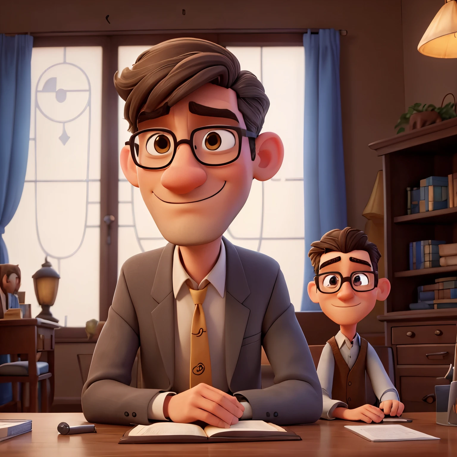 Create an image of a Disney and Pixar-style tall, thin man with straight hair parted to the side, revealing a big nose and light brown skin. His complexion is dark, with gray hair visible at the temples, a bible in his hand, and thick-rimmed prescription glasses framing his dark brown eyes and mustache. The scene takes place before a quaint, old church with the number 69 visibly displayed, adding a touch of nostalgia to the masterpiece.