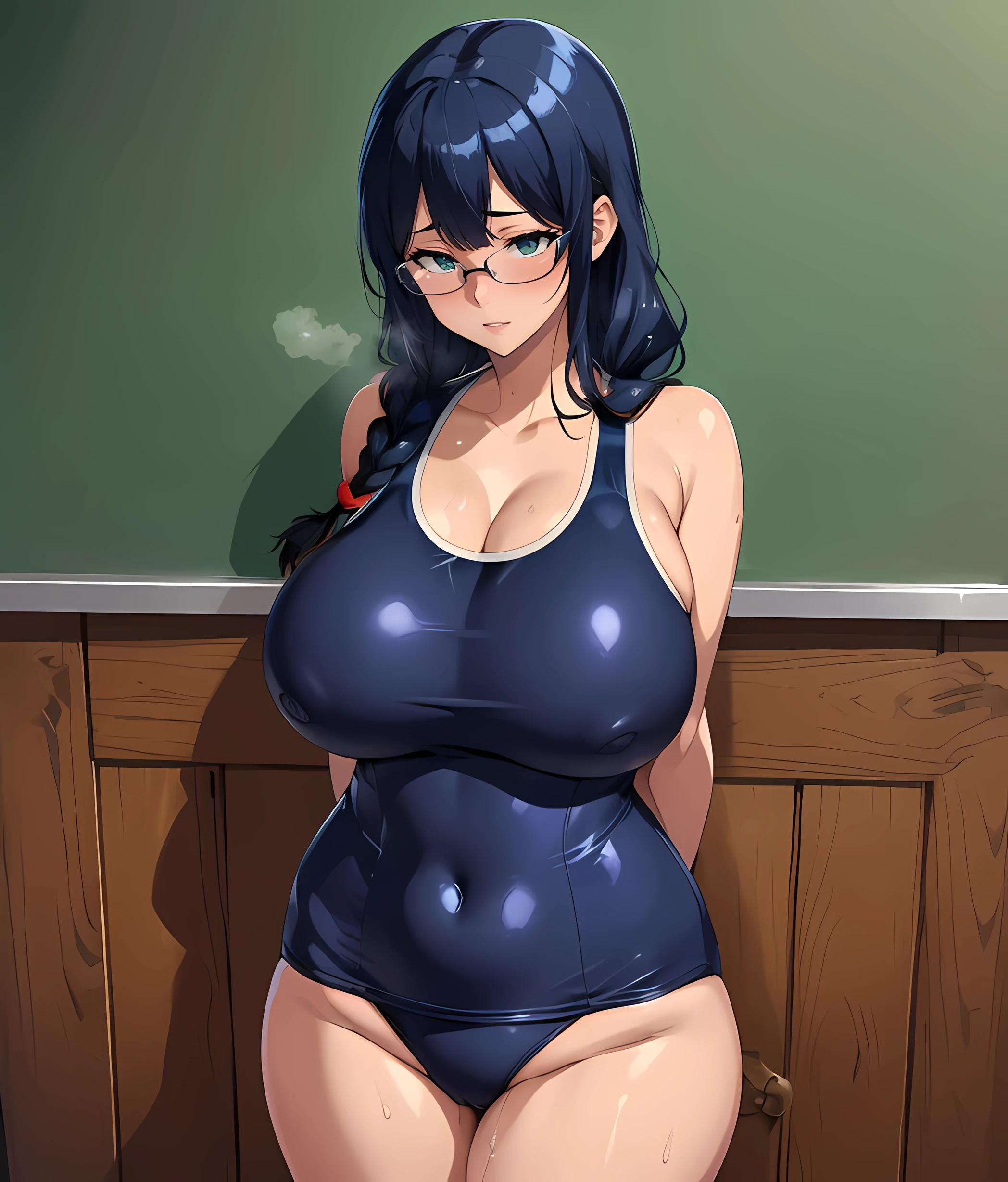 ((navy blue school swimsuit))、(Glasses)、Super precise illustration、Super precise expression、masterpiece、highest quality、ultra High resolution、High resolution、(big breasts:1.3)、Sweat、body fluid、shiny skin、place your arms next to your hips、big thighs、(black blue hair、long hair、Braid)、(Ahegao)、Standing picture、Mamifi