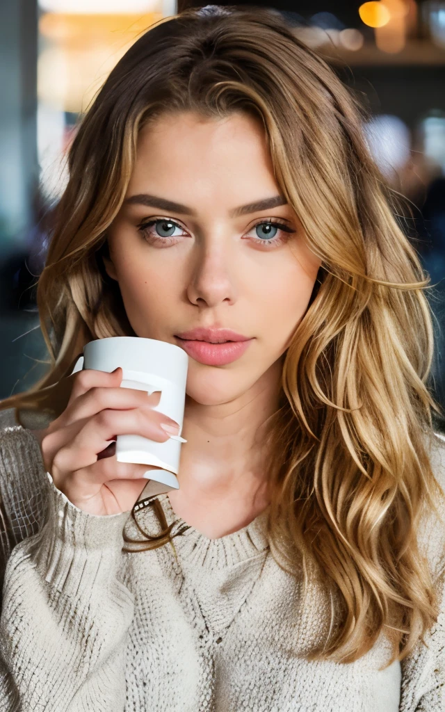 beautiful blonde Scarlett Johansson wearing beige sweater (sipping coffee inside a modern café at sunset), very detailed, 21 years old, innocent face, natural wavy hair, blue eyes, high resolution, masterpiece, best quality, intricate details, highly detailed, sharp focus, detailed skin, realistic skin texture, texture, detailed eyes, professional, 4k, charming smile, shot on Canon, 85mm, shallow depth of field,  kodak vision color, perfect fit body, extremely detailed, foto_\(ultra\), photorealistic, realistic, post-processing, maximum detail, roughness, real life, ultra realistic, photorealism, photography, 8k uhd, photography