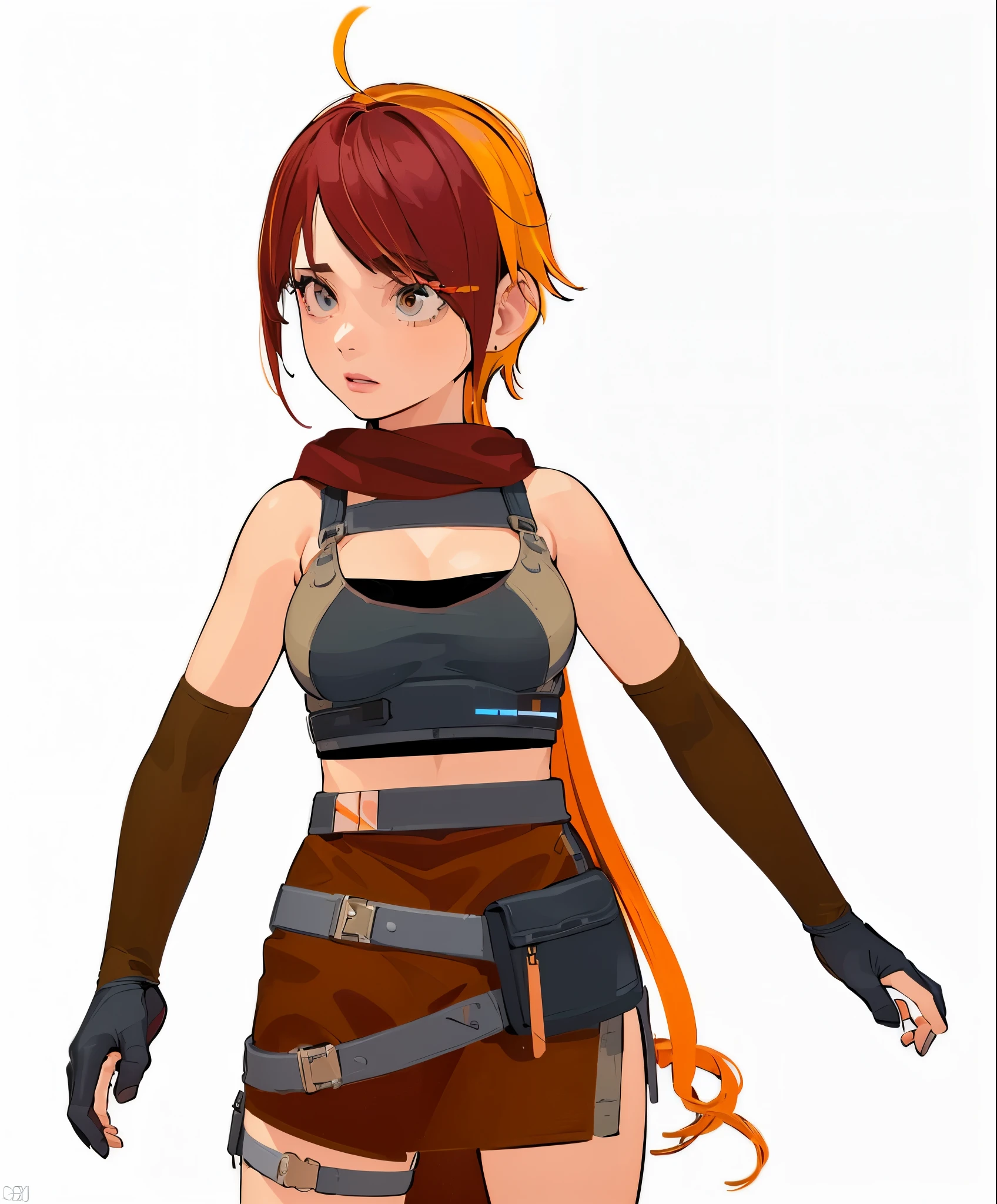(best quality,4k,8k,highres,masterpiece:1.2),ultra-detailed,(realistic,photorealistic,photo-realistic:1.37),bright lighting,woman in her 20s,colorful palette,illustration,two tone hairvivid color,red scarf