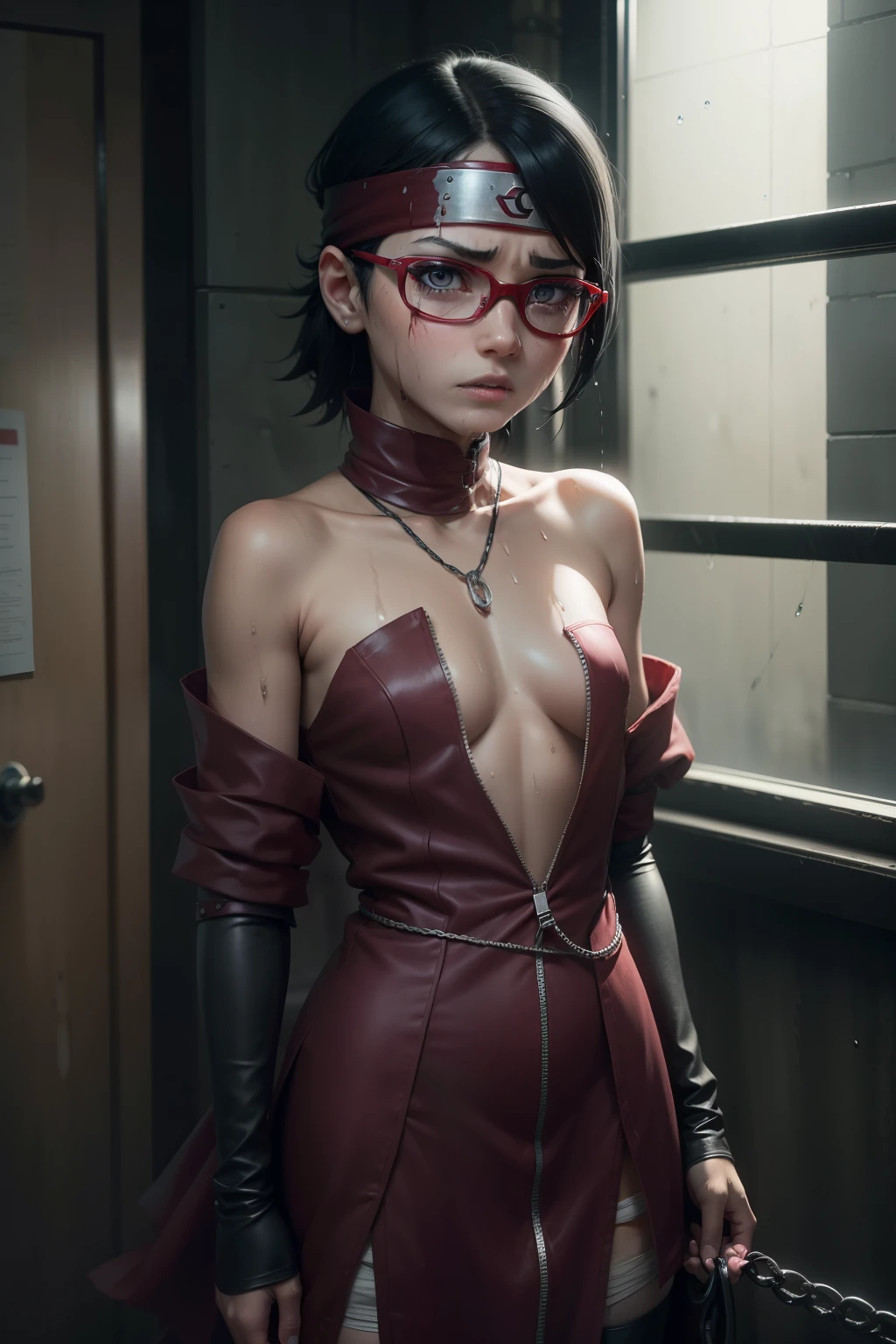 Sarada, pelo negro y corto , ojos negros, y con gafas rojas , piel durazno , is 8 ,viste un atuendo shinobi , It's in the cafeteria of Shinobi Academy,(masterpiece, high resolution),Frightened facial expression ,Cry,wet body,wet hair,Dog collar, slave , capturing the dark allure of forbidden desires,bound by twisting tendrils, The pliers are on a chain, poor thing, dark prison, the area near the body is wet,Frightened expression ,Girl crying,full body