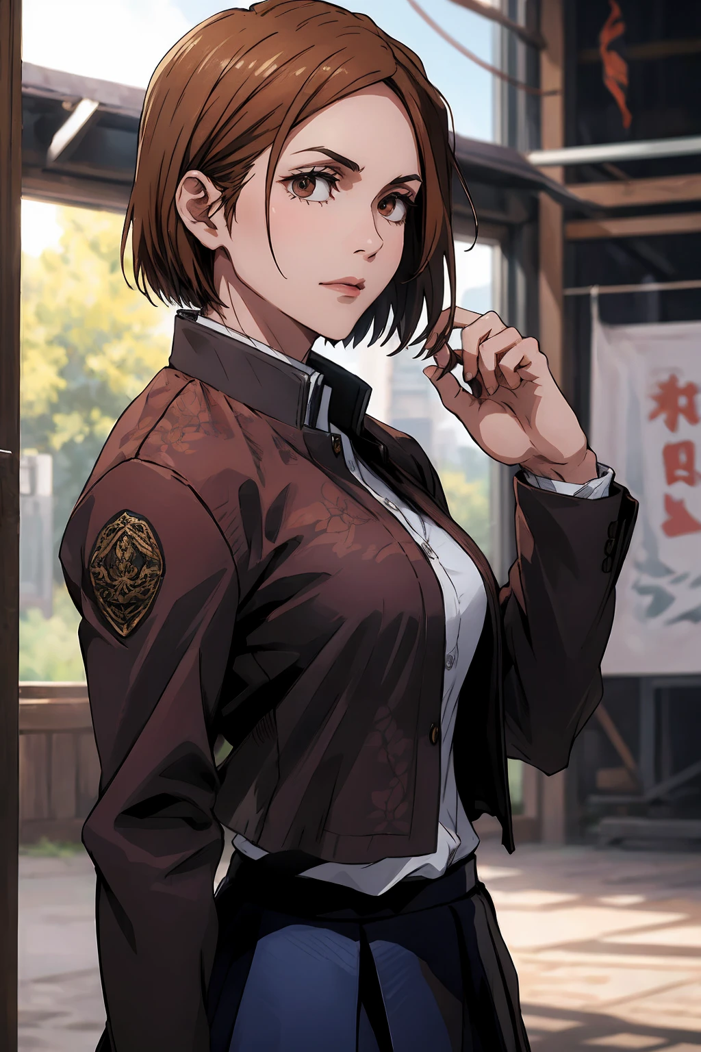 1girl, cowboy shot, beautiful Nobara, school_uniform, bangs, jacket,, volumetric lighting, best quality, masterpiece, intricate details, tonemapping, sharp focus, hyper detailed, trending on Art Station, 4k,full body