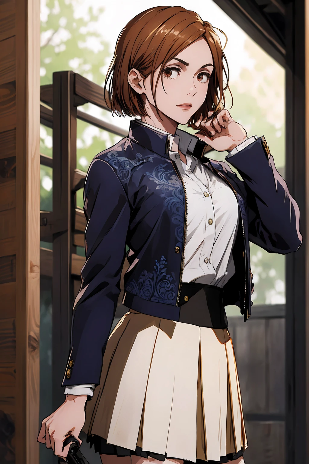 1girl, cowboy shot, beautiful Nobara, school_uniform, bangs, jacket,, volumetric lighting, best quality, masterpiece, intricate details, tonemapping, sharp focus, hyper detailed, trending on Art Station, 4k,full body