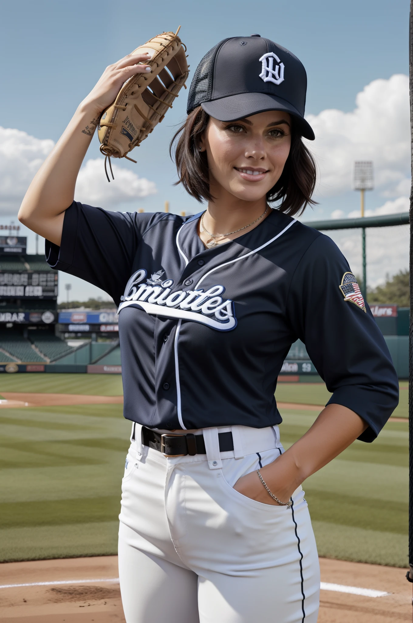 beautiful woman, baseball uniform, solo, baseball mitt, baseball cap, hat, baseball, sky, sportswear, cloud, black hair, blue sky, day, holding, shirt, bangs, medium hair, long sleeves, standing, holding ball, outdoors, looking at viewer, parted lips, large breasts, mature female,