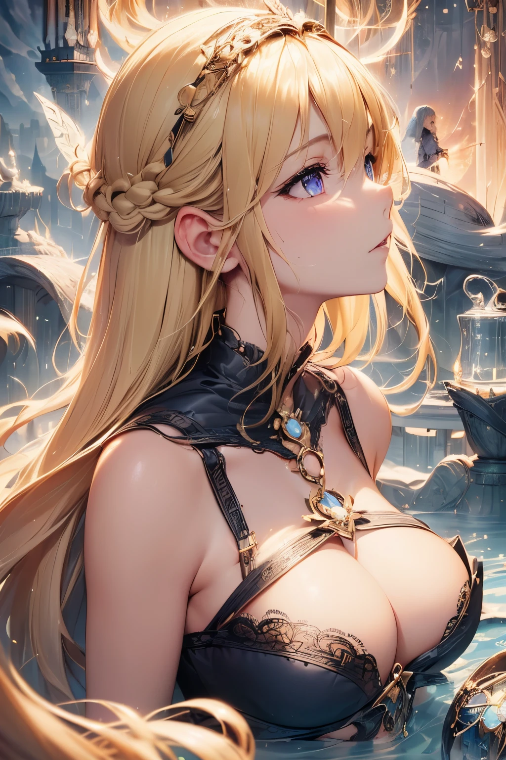1girl,sense of deps,disorganized,catch light,super beautiful illustrations,(beautiful blonde,two side up hairstyle:1.3),Landscape,Turn around,;D,beautiful and delicate flowing hair,Delicate and detailed purple eyes:1.2,emphasized chest