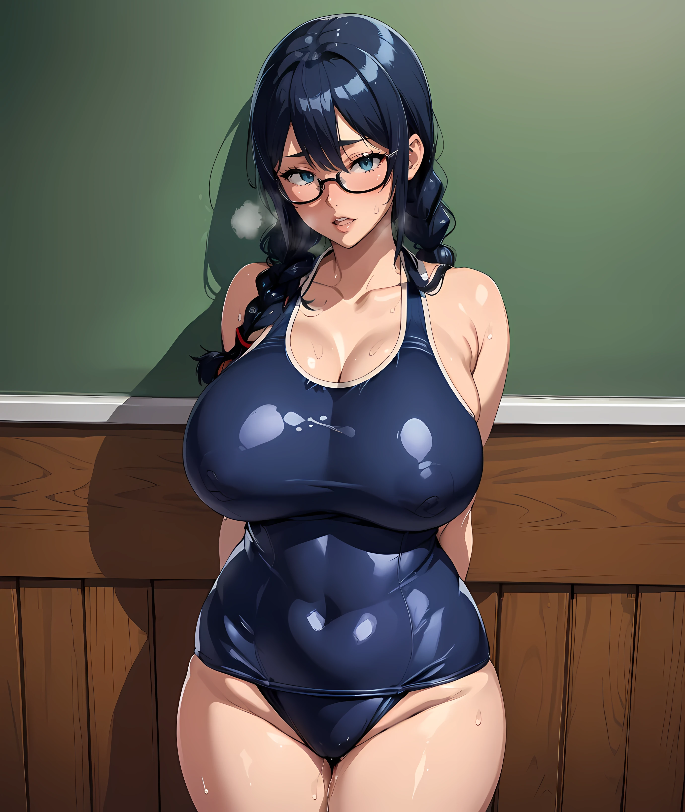 ((navy blue school swimsuit))、(black glasses)、(Ahegao:1.2)、Super precise illustration、Super precise expression、masterpiece、highest quality、ultra High resolution、High resolution、(big breasts:1.3)、Sweat、body fluid、shiny skin、place your arms next to your hips、big thighs、(black blue hair、long hair、Braid)、Standing picture、Mamifi