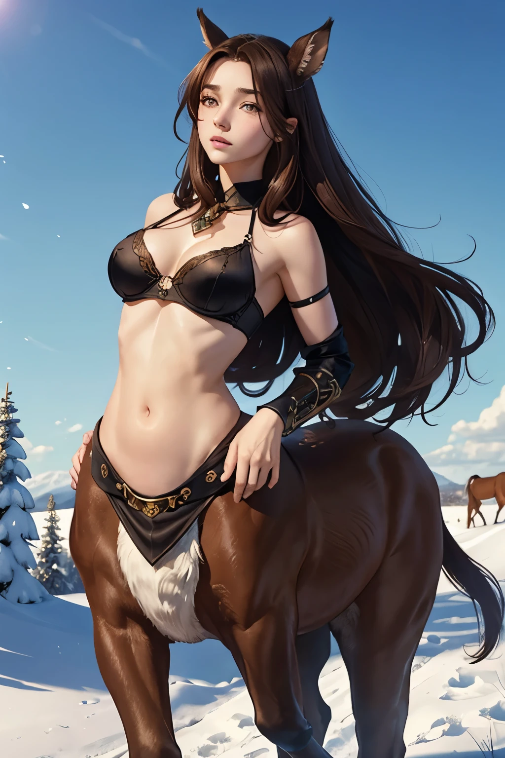 A young centaur. fantasy setting. long hair. Long women's haircut. Dark brown hair with an undercut. Very pale skin with freckles and liver spots. Round and soft face. Round and soft chin. Round, soft cheeks. Curved lips. Long and wide nose. Dark brown eyes. upturned eyes. Very thin and almost imperceptible eyebrows. long neck. lean. . Centaur under the body. brown fur. Looking kind and friendly. tomboy. Wearing a black medieval fantasy bra. in an open field. It's winter, but the sun is shining. blue sky.