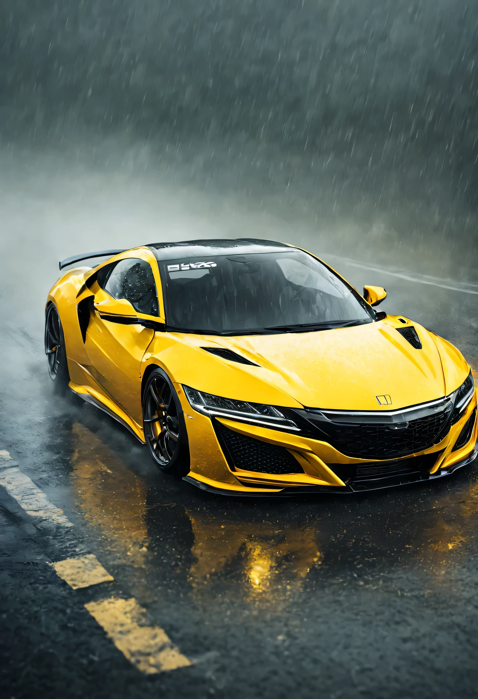 yellow sports car driving on a wet road in the rain, Honda NSX, wallpaper mobile, sports car, extreme render, hyper real render, sport car, sport car, hd wallpaper, wallpaper background, wallpaper hd, 4 k render, 4k render, desktop background, artistic render, mobile wallpaper, amazing wallpaper, wallpaper 4 k, wallpaper 4k, glossy yellow
