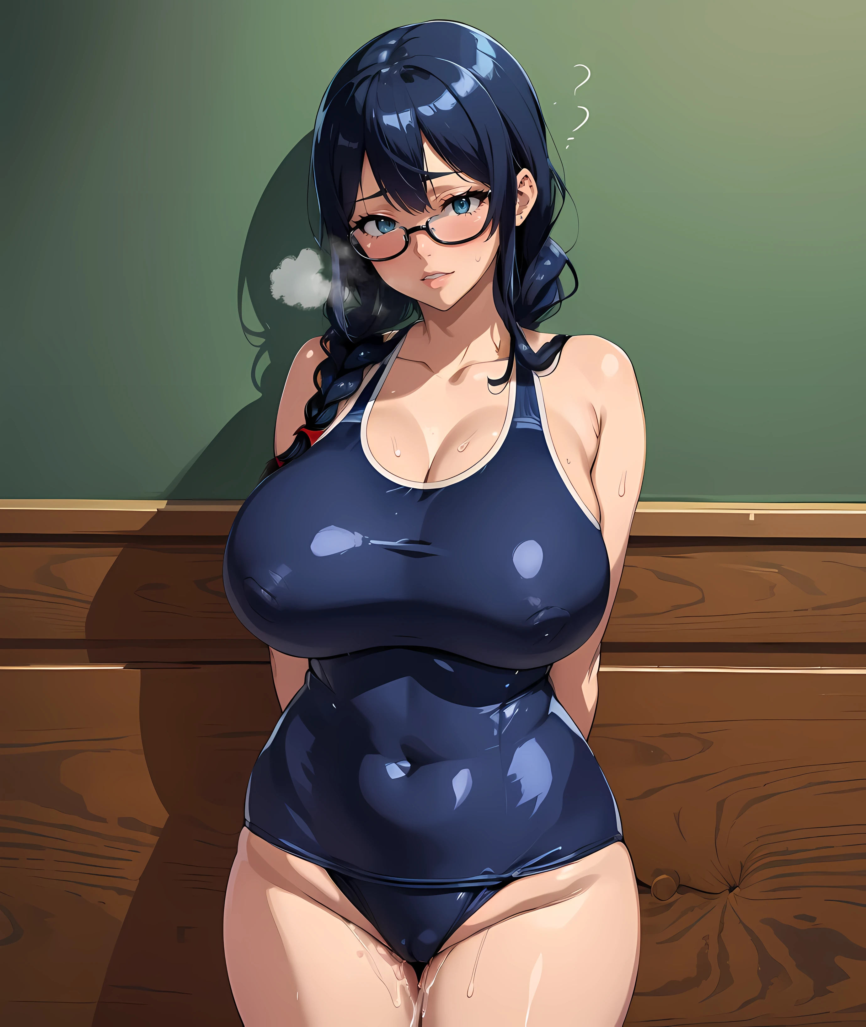((navy blue school swimsuit))、(black glasses)、(Ahegao:1.2)、Super precise illustration、Super precise expression、masterpiece、highest quality、ultra High resolution、High resolution、(big breasts:1.3)、Sweat、body fluid、shiny skin、place your arms next to your hips、big thighs、(black blue hair、long hair、Braid)、Standing picture、Mamifi