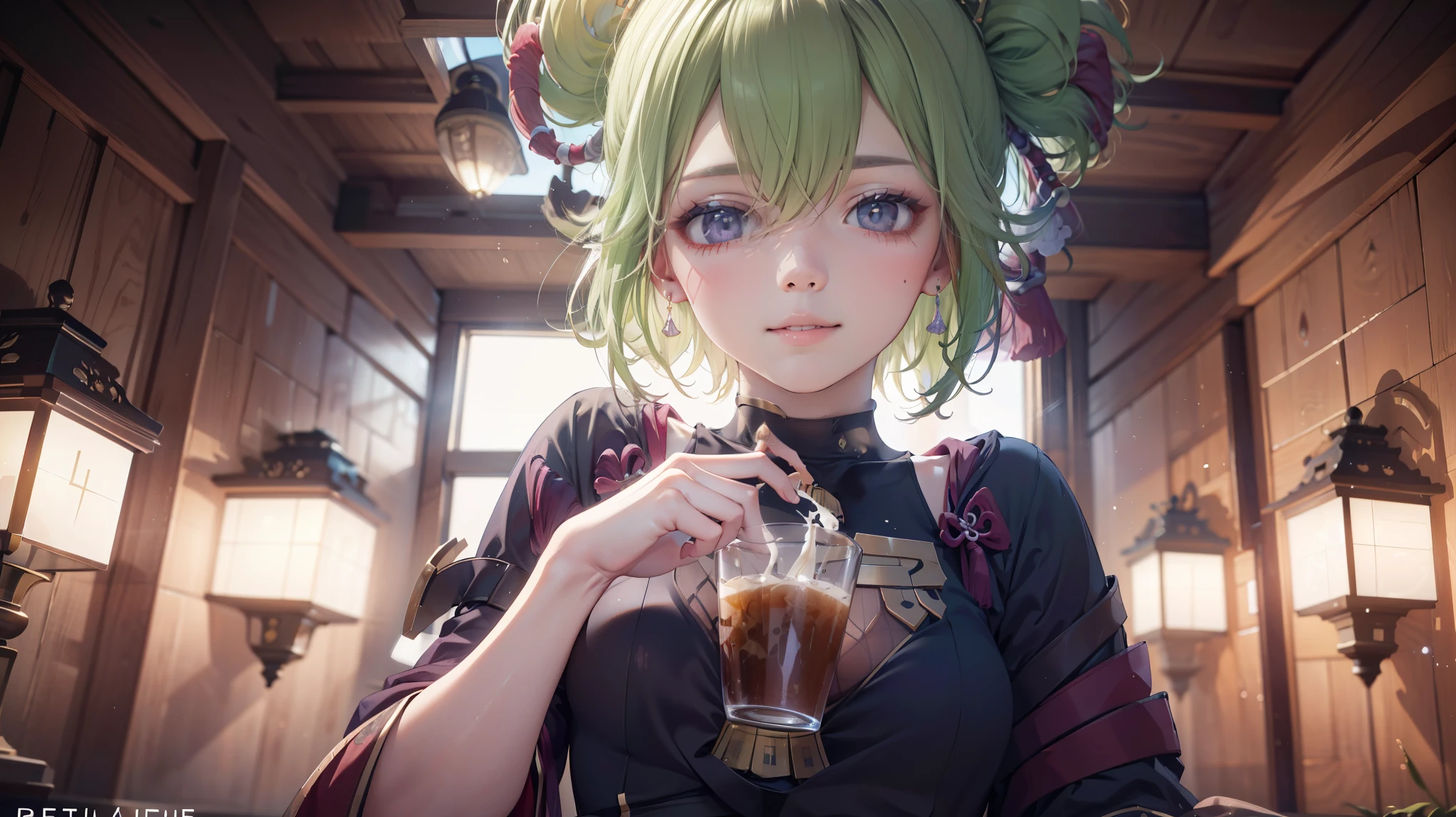 (best quality,8k,highres,masterpiece:1.2),(realistic,photorealistic,photo-realistic:1.37), ในตาสีม้วง, ชุดเมดแบบคลาสสิค, traditional Japanese bakery,beautiful detailed eyes,happiness,glowing eyes,smiling,peaceful atmosphere,traditional Japanese clothes,working(คุณภาพดีที่สุด,เต็มรูปแบบ,โฆษณา:1.2),แสงสว่างและอบอุ่น,หวานง่มงวง,ความสุขบริบูรณ์,รอยยิ้มสดใส,sakura tree,tranquil,aroma scent,dreamlike,vivid colors,subtle lighting,traditional Japanese tea set,lively ambiance