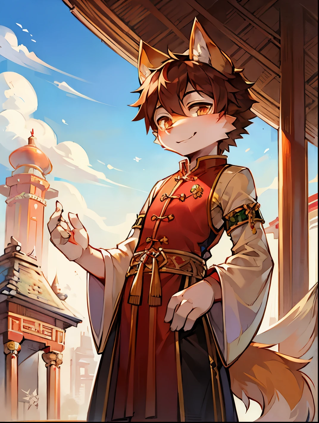 Outside the palace，Panoramic outdoor views，fox boy，male focus，Furry Shota，Bright Eyes，Height 1.6 meters，Chinese traditional ancient clothing，Smile