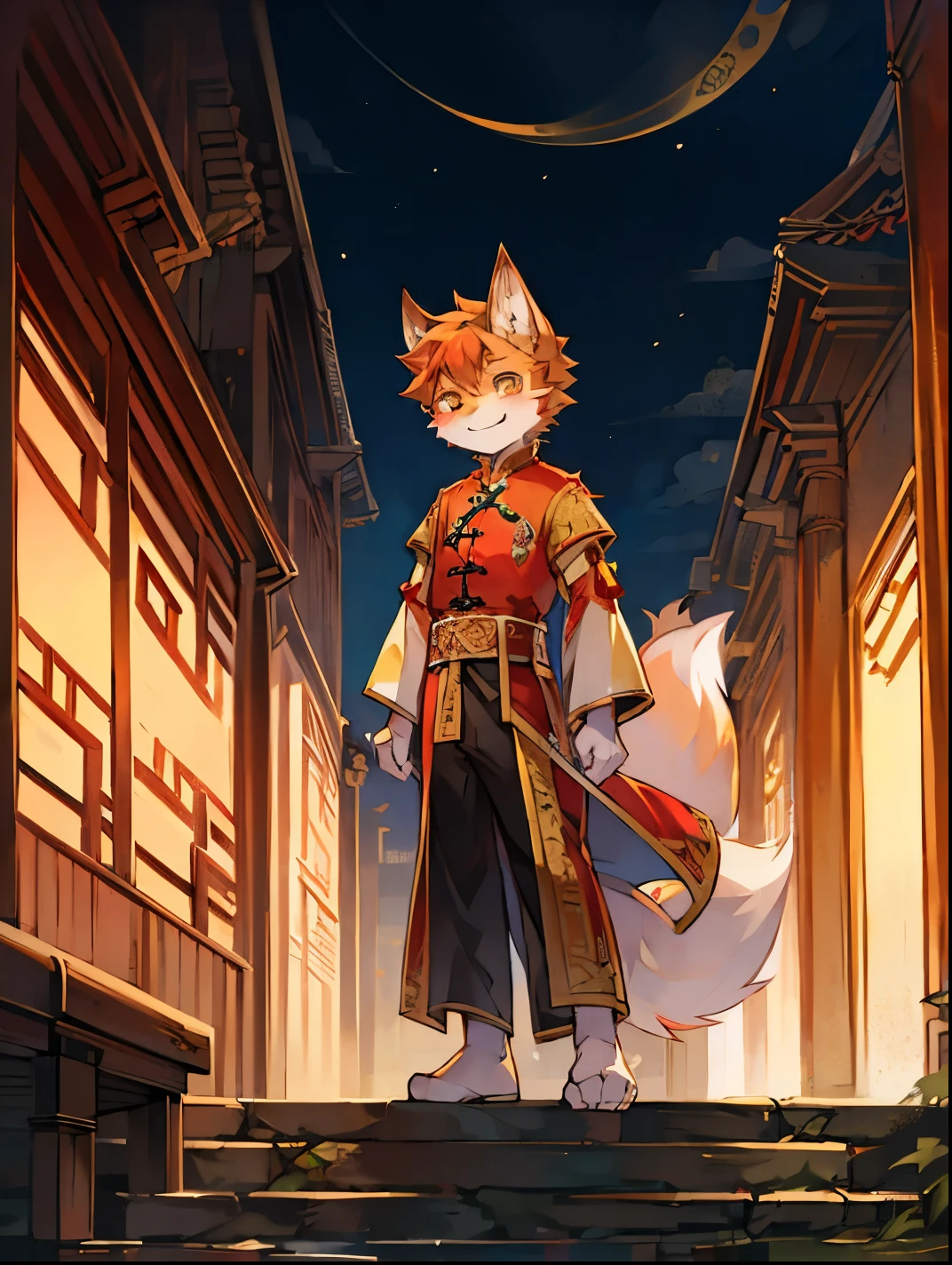 Outside the palace,Panoramic outdoor views,fox boy,male focus,Furry Shota,Bright Eyes,Height 1.6 meters,Chinese traditional ancient clothing,Smile
