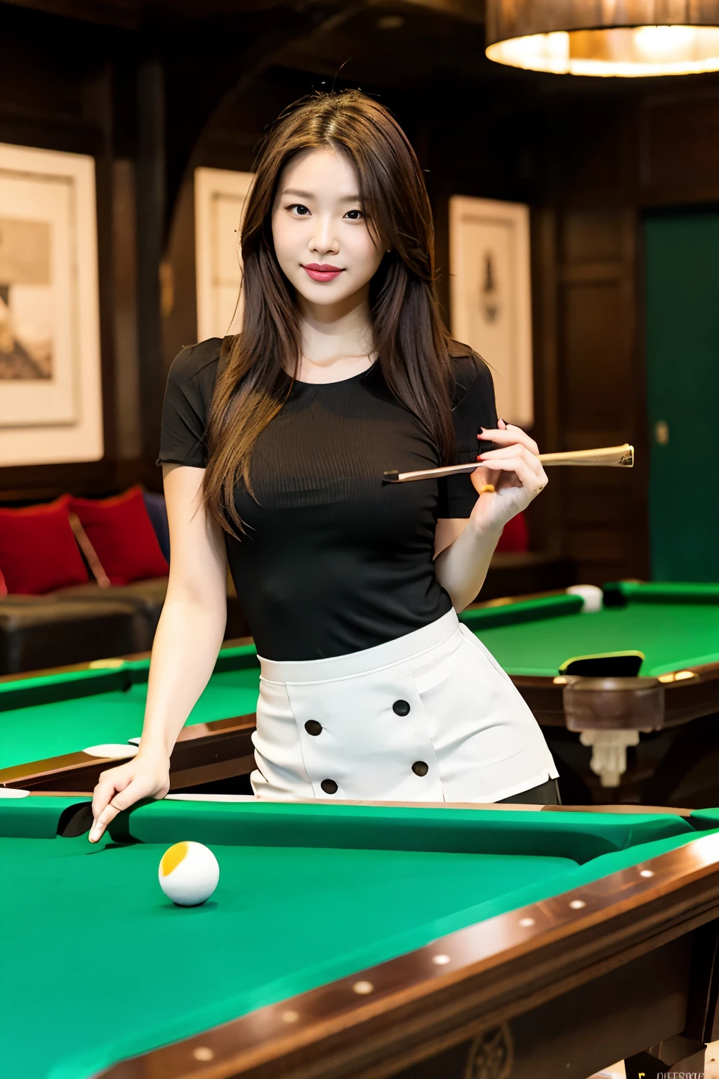 masutepiece、Best Quality、ultra-detailliert、high-level image quality、Woman playing billiards in miniskirt、Forward leaning position、Queue retention