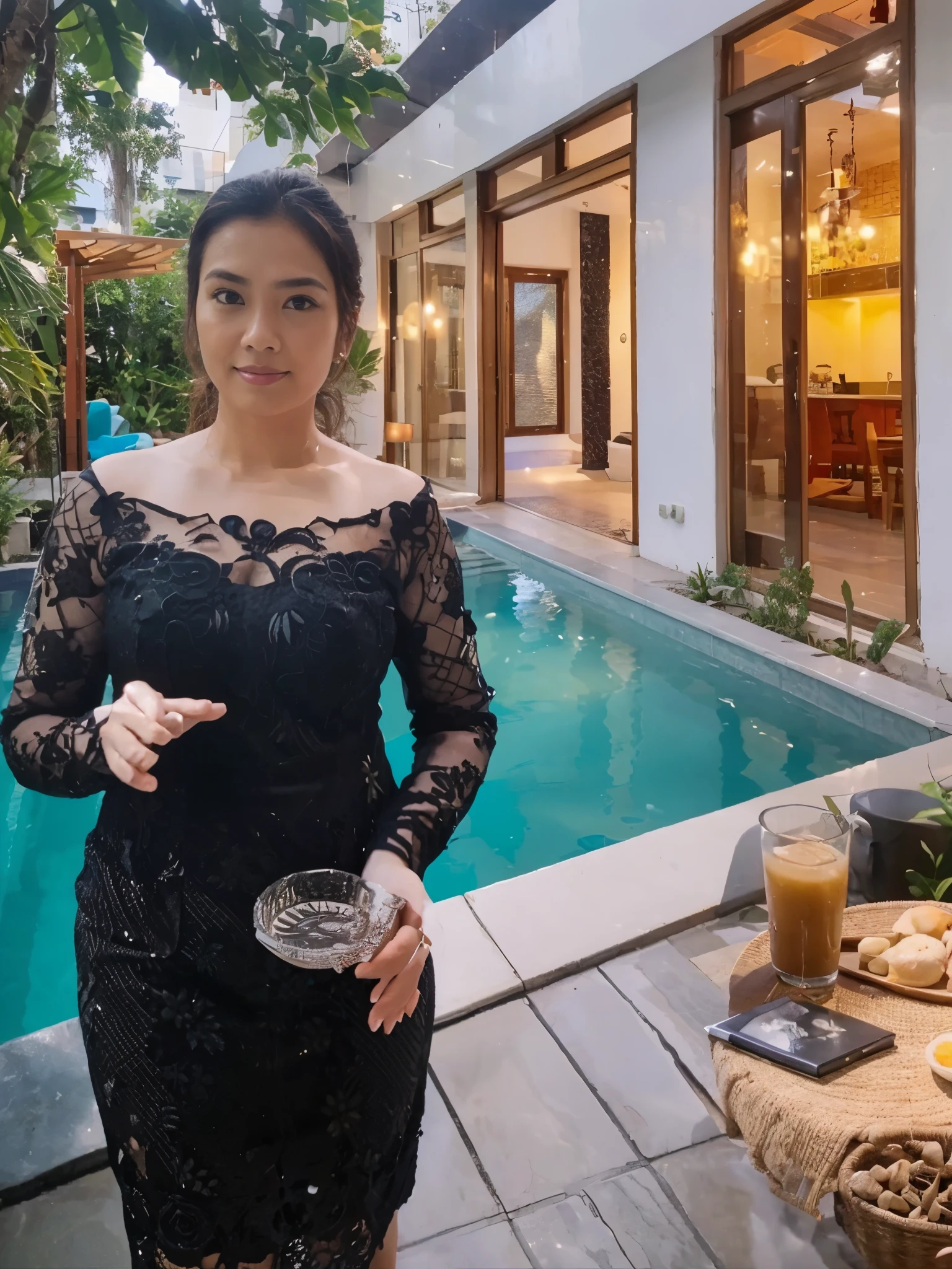 Indonesian women, black kebaya, plump, villa and swimming pool