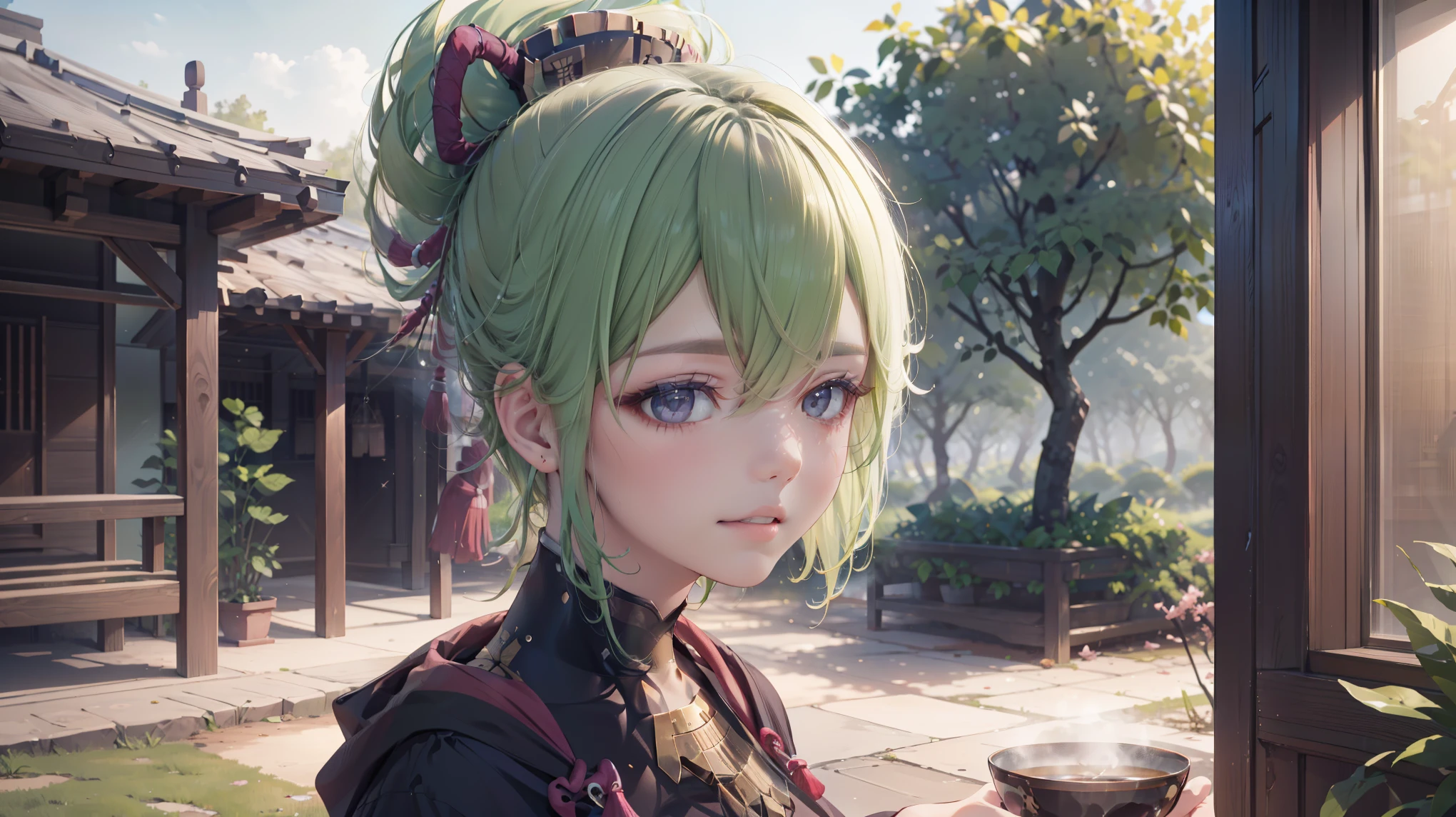 (best quality,8k,highres,masterpiece:1.2),(realistic,photorealistic,photo-realistic:1.37), ในตาสีม้วง, ชุดเมดแบบคลาสสิค, traditional Japanese bakery,beautiful detailed eyes,happiness,glowing eyes,smiling,peaceful atmosphere,traditional Japanese clothes,working(คุณภาพดีที่สุด,เต็มรูปแบบ,โฆษณา:1.2),แสงสว่างและอบอุ่น,หวานง่มงวง,ความสุขบริบูรณ์,รอยยิ้มสดใส,sakura tree,tranquil,aroma scent,dreamlike,vivid colors,subtle lighting,traditional Japanese tea set,lively ambiance