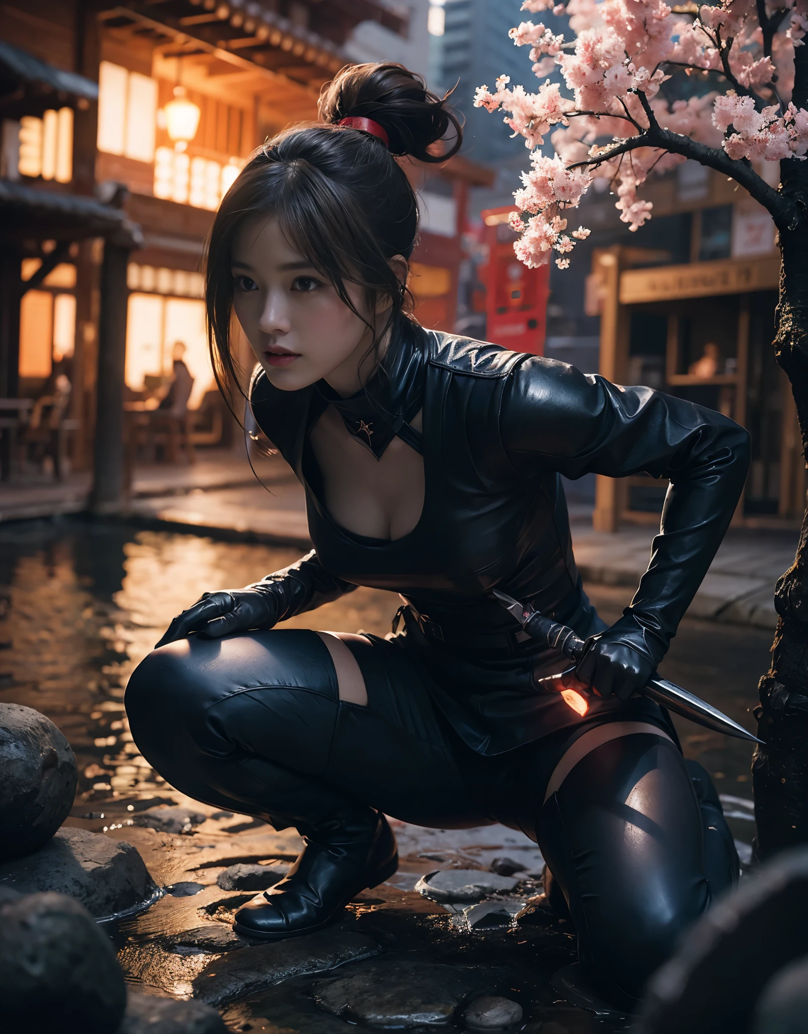 , close shot, girl focus,Random pose,A female ninja on her way to her enemy,sexy full body, ponytail hair, skull drawing mask,sexy ninja suit, holding a metal battle knife,tattoo,BREAK japanese pagoda,pond, Sakura tree, kunai and shuriken lay around,artwork,3D,4K,Detailed,Realistic,4k highly detailed digital art,octane render, bioluminescent, BREAK 8K resolution concept art, realism,by Mappa studios,masterpiece,best quality,official art,illustration,ligne claire,(cool_color),perfect composition,absurdres, fantasy,focused,rule of thirds
