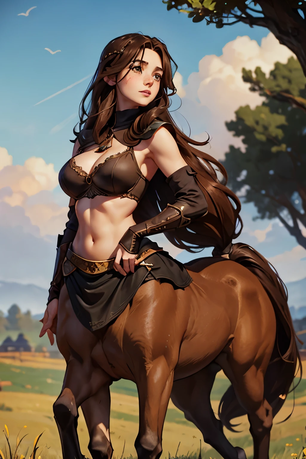 A young centaur. fantasy setting. long hair. Long women's haircut. Dark brown hair with an undercut. Very pale skin with freckles and liver spots. Round and soft face. Round and soft chin. Round, soft cheeks. Curved lips. Long and wide nose. Dark brown eyes. upturned eyes. Very thin and almost imperceptible eyebrows. long neck. thin, big breasts. Centaur under the body. brown fur. Looking kind and friendly. . Wearing a black medieval fantasy bra. in an open field. It's winter, but the sun is shining. blue sky.