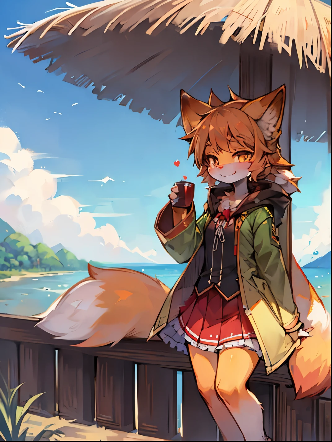 Panoramic outdoor views,fox girl,female focus,Furry Shota,Bright Eyes,Height 1.6 meters,summer coat,summer skirt,Smile
