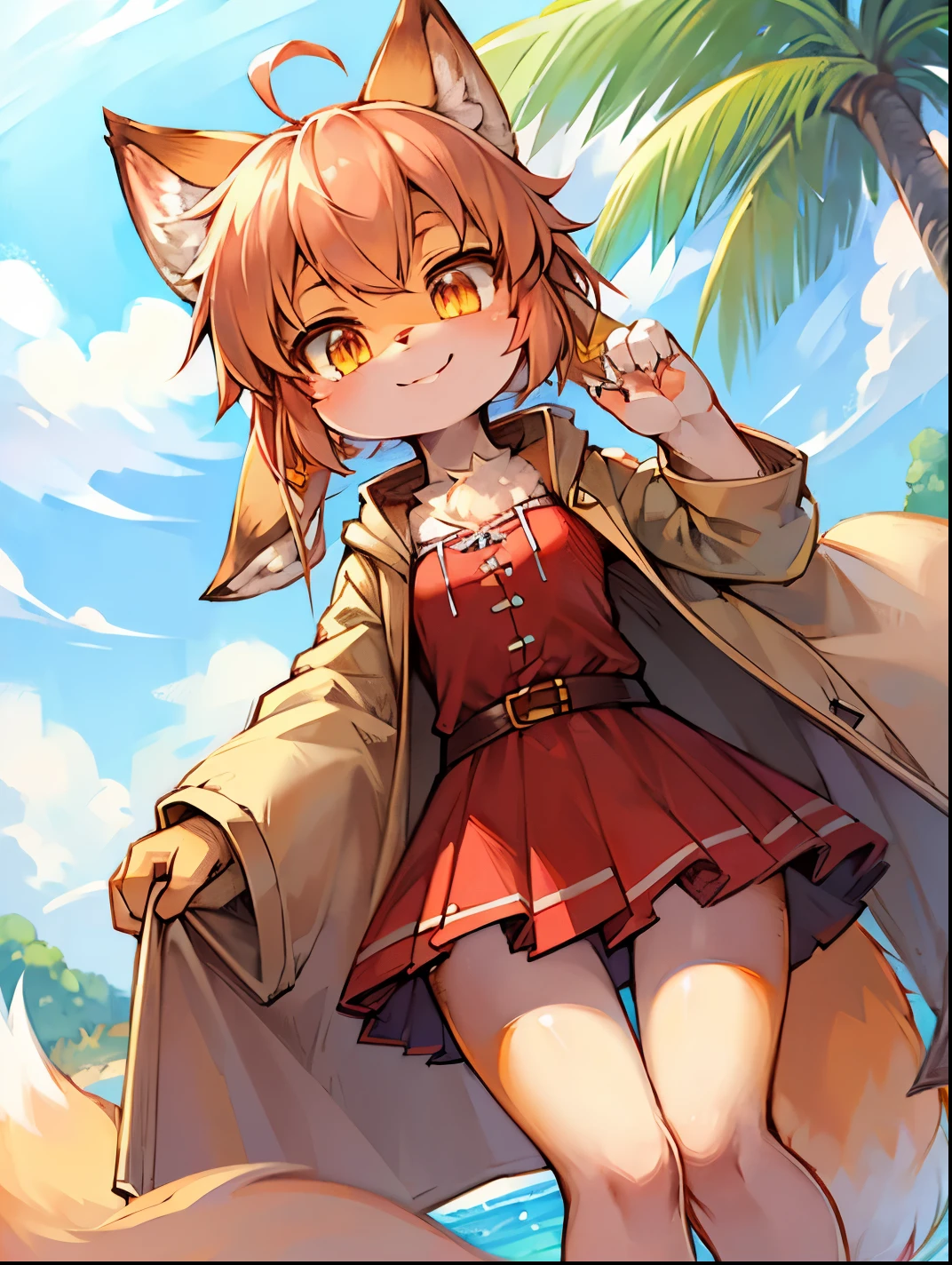 Panoramic outdoor views,fox girl,female focus,Furry Shota,Bright Eyes,Height 1.6 meters,summer coat,summer skirt,Smile