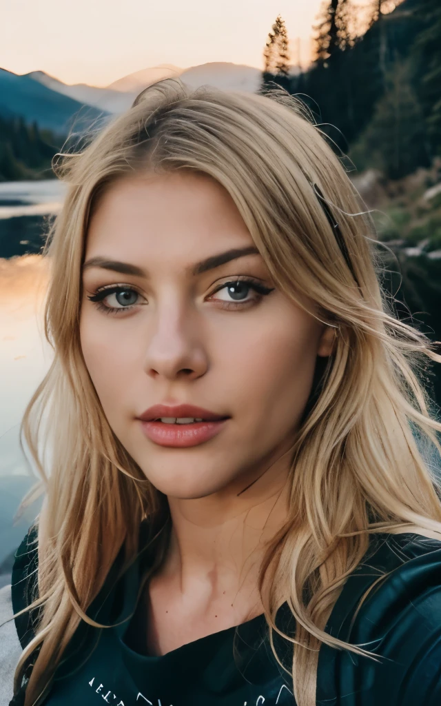 photorealistic, best quality, hyper detailed, beautiful blonde viking Katheryn Winnick, 19 years old, young feminine face, thin nose, thin lip, fine lines, pure eyes, blue eyes, black top outfit, brainded hair, selfie photo, upper body, solo, (night), mountains, real life nature, stars, moon, flashlight, forest, rocks, river, wood, smoke, fog, clear sky, analog style, looking at viewer, skin texture, film grain, close up, ultra high res, best shadow, RAW, instagram LUT