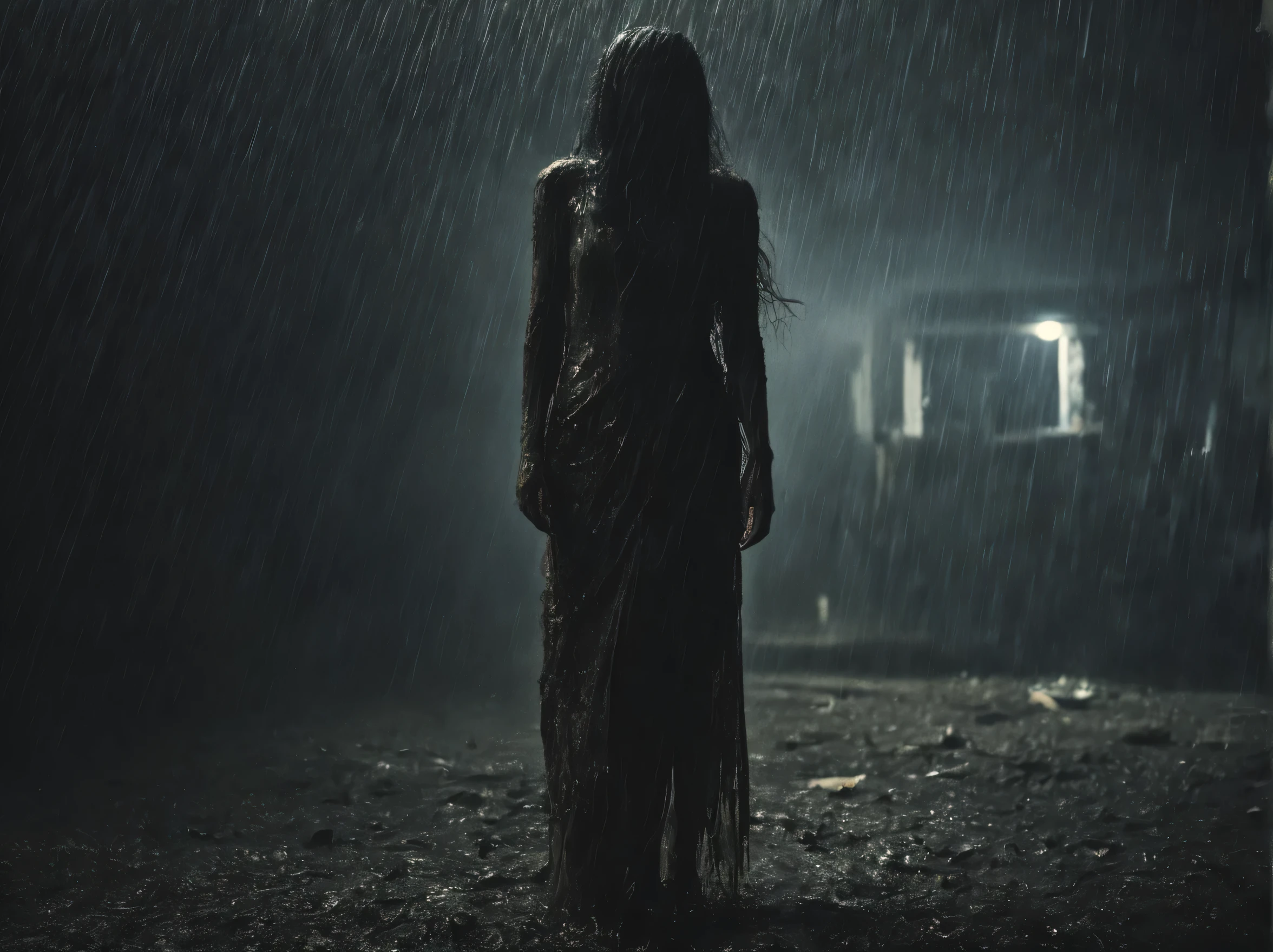 (indonesian horror:1.5),(apparition:1.5), Cinematic shots,Woman with dark hair1a person, Angry eyes, Kebaya, disheveled hair, pale skin,(rain falling:1.4), (Ruins:1.3),(Soaking wet woman:1.5),Coarse grain, (Melted face:1.5), (rotting skin:1.1), darkness,The Darkness (Film grain:1.3, 8K, awardwinning, Best Quality), hight resolution, Super Detail, high details, Anatomically correct, nffsw, (masutepiece:1.3)