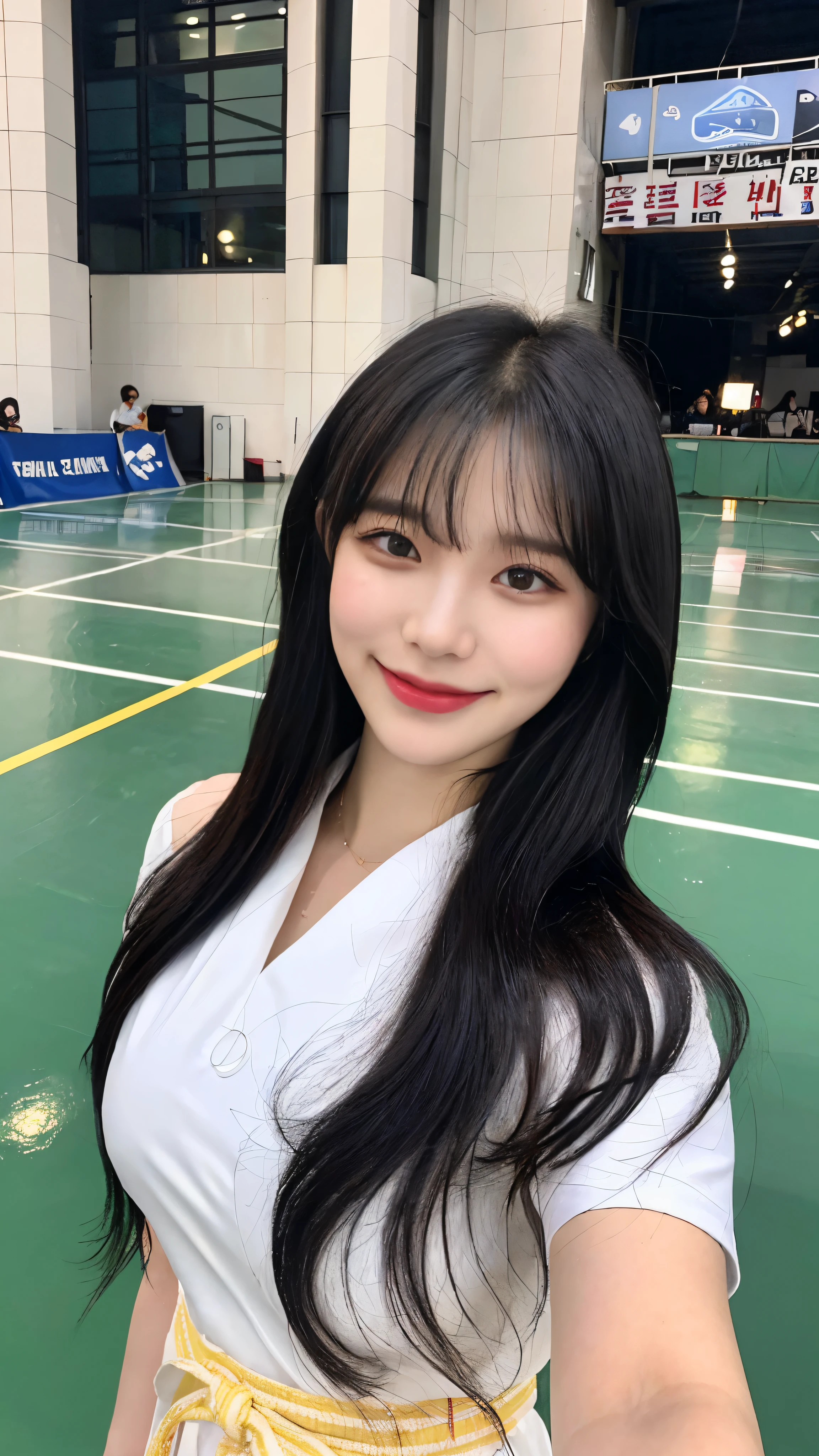 (8 thousand、top quality、masterpiece:1.2)、(realistic、realistic:1.9)、(laugh:0.2)、medium chest、beautiful and delicate eyes、full body sbian、(alone:1.8)、(look at the audience:1.3)、wet hair smiling on basketball court、shoulder height short hair、The tip of the hair touches the shoulder and then bounces up in a U shape....、Loose curly hair,、light bangs、I have bangs、Beautiful black haired woman in her 20s。No Man'so cute.、There is a sophisticated atmosphere。walking on the white sidewalk,、He looked around gracefully.........、Inside the basketball court、、、、、、Radiates quiet beauty。그녀의 laugh는 주변 사람들에게도 있다々that'representation々continuation々This is、々This is、々This is、々Gives you a happy feeling, Wear a hanbok,