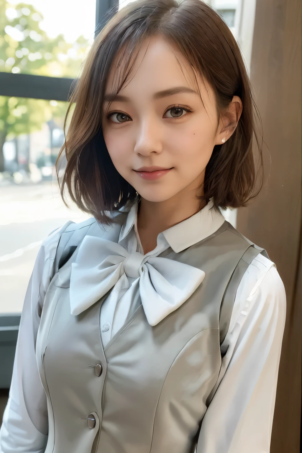 1 girl, Single women, small bust, ((vest wear:1.3)), long sleeve white shirt, uniform, bow, photograph, realistic, highest quality, hire, detailed face, office, building from the window, detailed background, large background, cowboy shot, diffused sunlight, Depth of the bounds written, Bokeh