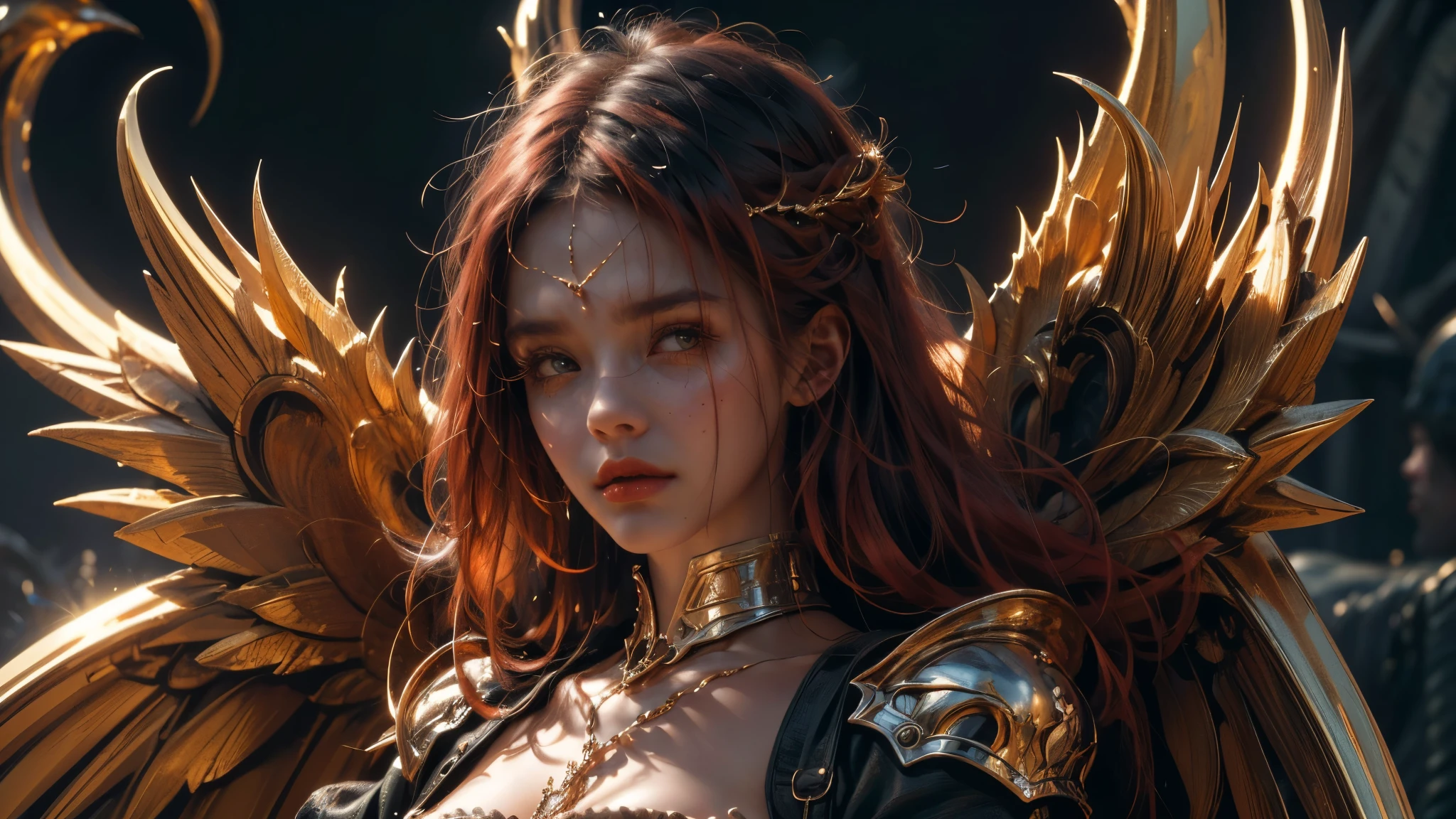 (1 beautiful woman, alone, red hair, demon, angel, wings, dark, god, detailed clothes, hell, gold, majestic view, beatiful clothes, (medieval world), (Surrealism, depth of field, cinematic lighting, ray tracing, 135mm, close-up, dramatic pose, digital art, dramatic photo, symmetrical eyes, complex background), (masterpiece, textured skin, super detail, award winning, best quality, 16k, HDR),