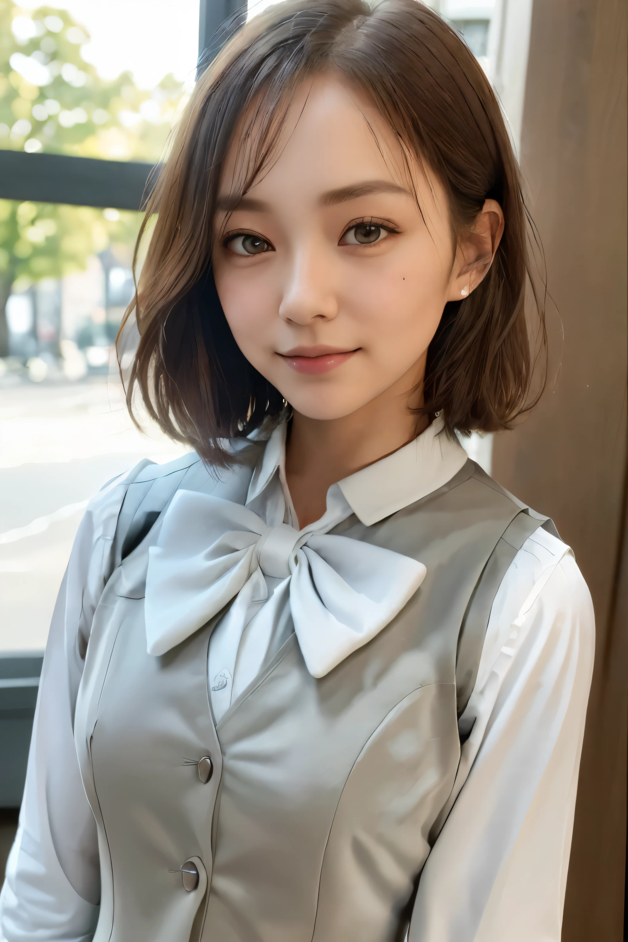 1 girl, single woman, small bust, ((vest wear:1.3)), long sleeve white shirt, uniform, bow, photograph, realistic, highest quality, hire, detailed face, office, building seen from the window, detailed background, big background, cowboy shot, diffused sunlight, written boundary depth, Bokeh