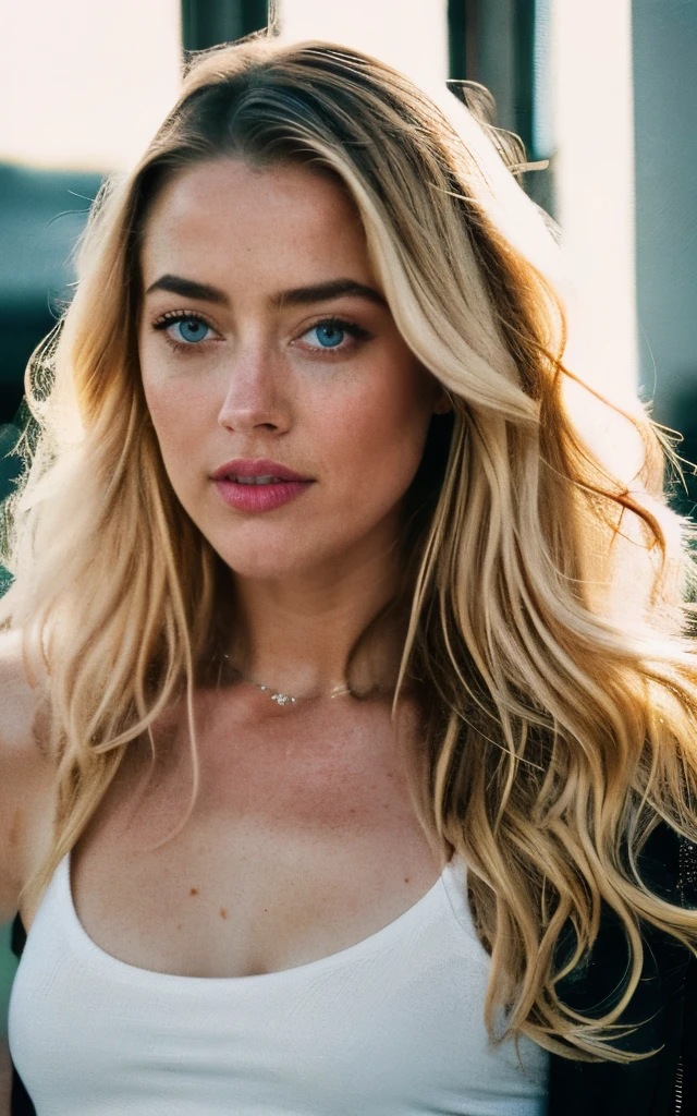 gorgeous Amber Heard with long wavy blonde hair, detailed alluring eyes, long sexy legs, wearing tiny shorts, red crop top t-shirt, at the gym, ((detailed facial features)), (finely detailed skin), pale skin, realistic skin texture, extreme skin details, (pores:0.1), in the background beautiful futuristic cyberpunk city, best quality masterpiece, photorealistic, hyperrealistic, detailed, 8k, HDR, (Soft color: 1.2), shallow depth of field, broad light, high contrast, backlighting, bloom, light sparkles, chromatic aberration, sharp focus, RAW color photo