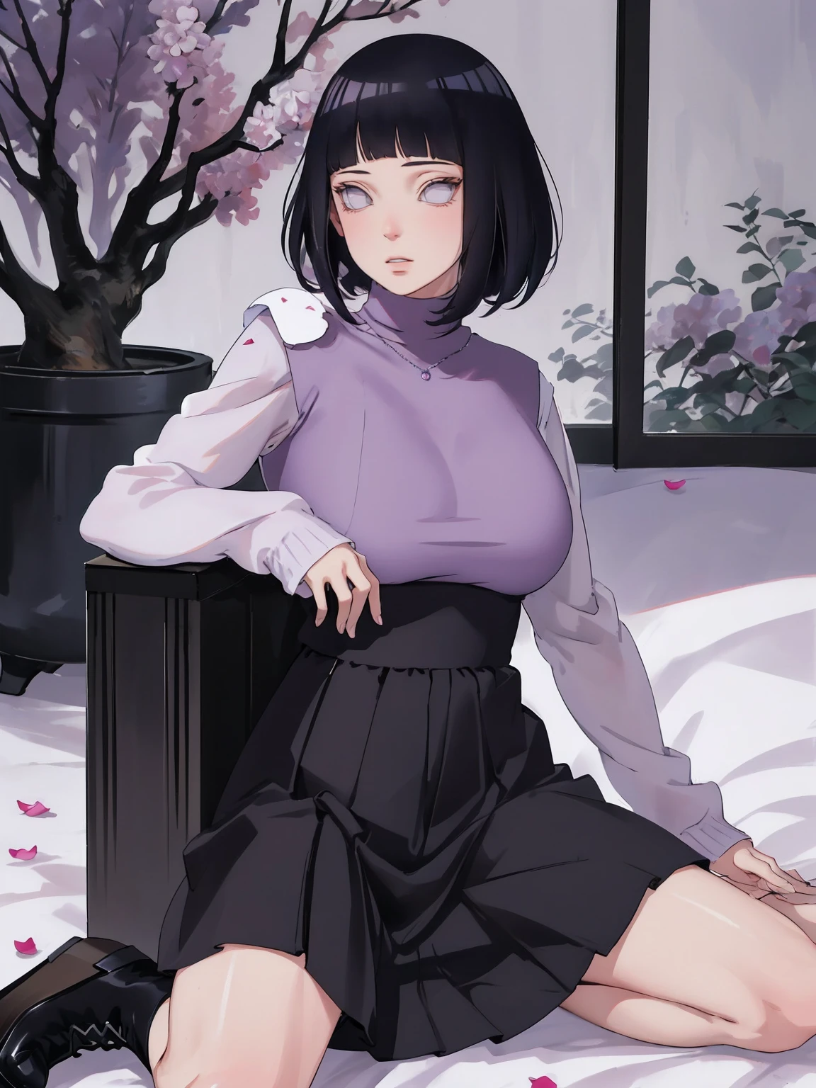 { - anatomy error} (Masterpiece - Ultra-detailed, very high resolution) (huge titusty, masterpiece, absurdres, hinata\(boruto\), 1girl, solo,mature female, lilac turtleneck blouse, high waist black long skirt, looking at viewelling petals), perfect composition, detailed lips, big breast, beautiful face, body propotion, blush, (pink lips), short hair, (black hair), purple eyes, soft gaze, super realistic, detailed, photoshoot, realistic face and body, closed mouth , lilac eyes, full body, sitting on the floor , backwards, looking back, black boots, hidden hands, perfect fingers, inocent face