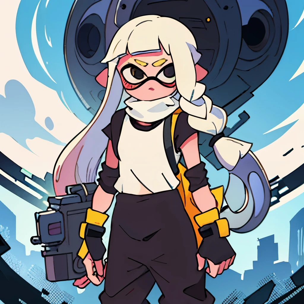 Picture of girl with bow - in sling, splatoon style, video game fan art, long white hair, alone, straight face, white city, standing around, wearing black gas mask, white burly gloves.