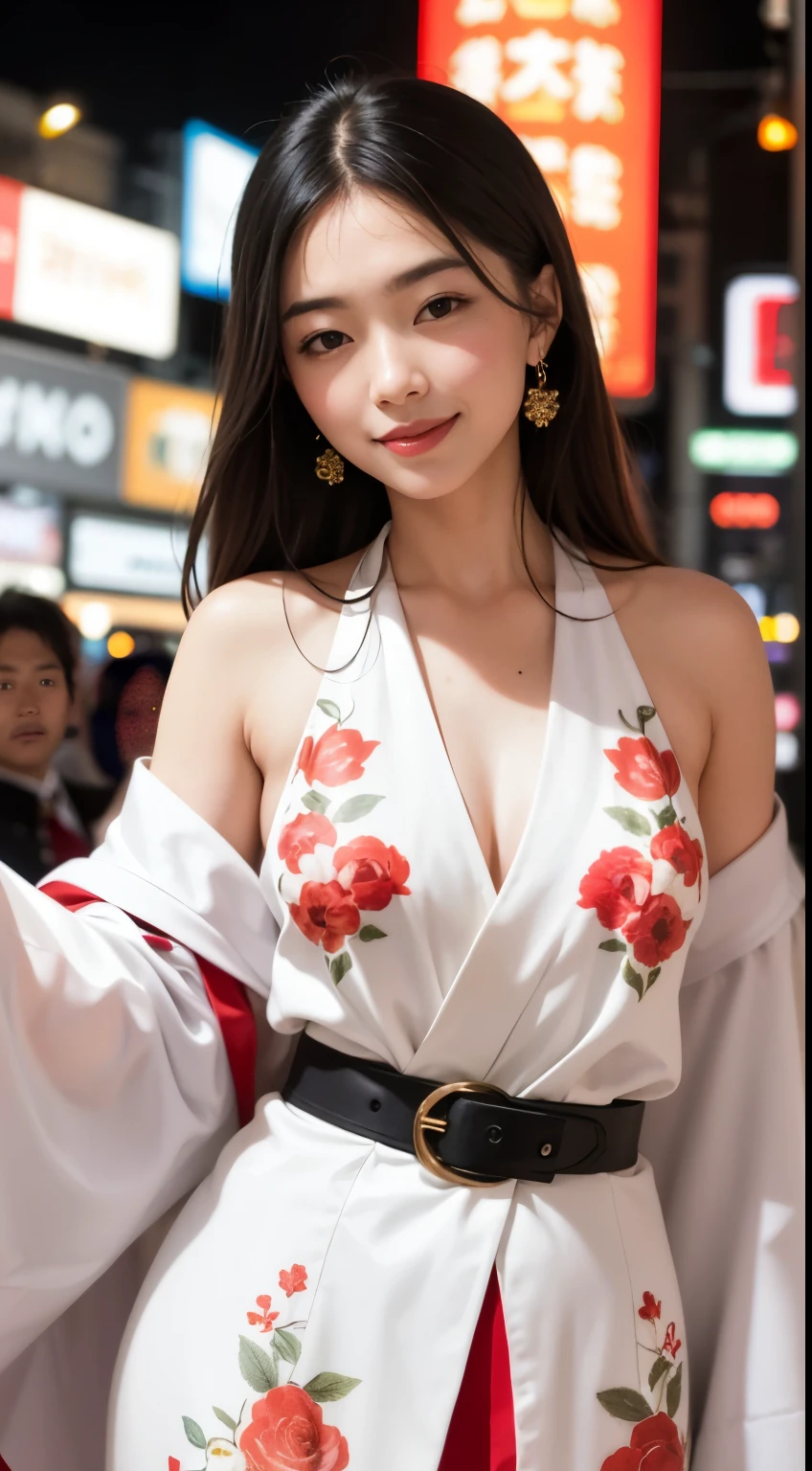 (masterpiece), highest image quality, ultra high-definition CGUnity 8k Wallpapers, solo, white kimono with intricately designed floral pattern, red belt, outdoors, The background is the lively and vibrant area of Dotonbori with its colorful neon lights and bustling crowds. Facial details show a gentle smile with wrinkles around the eyes and a elegantly shaped nose. Chestnut hair falls gently over the shoulder, high resolution image with the camera fixed on the subject as she smiles serenely. Full body image in high resolution.