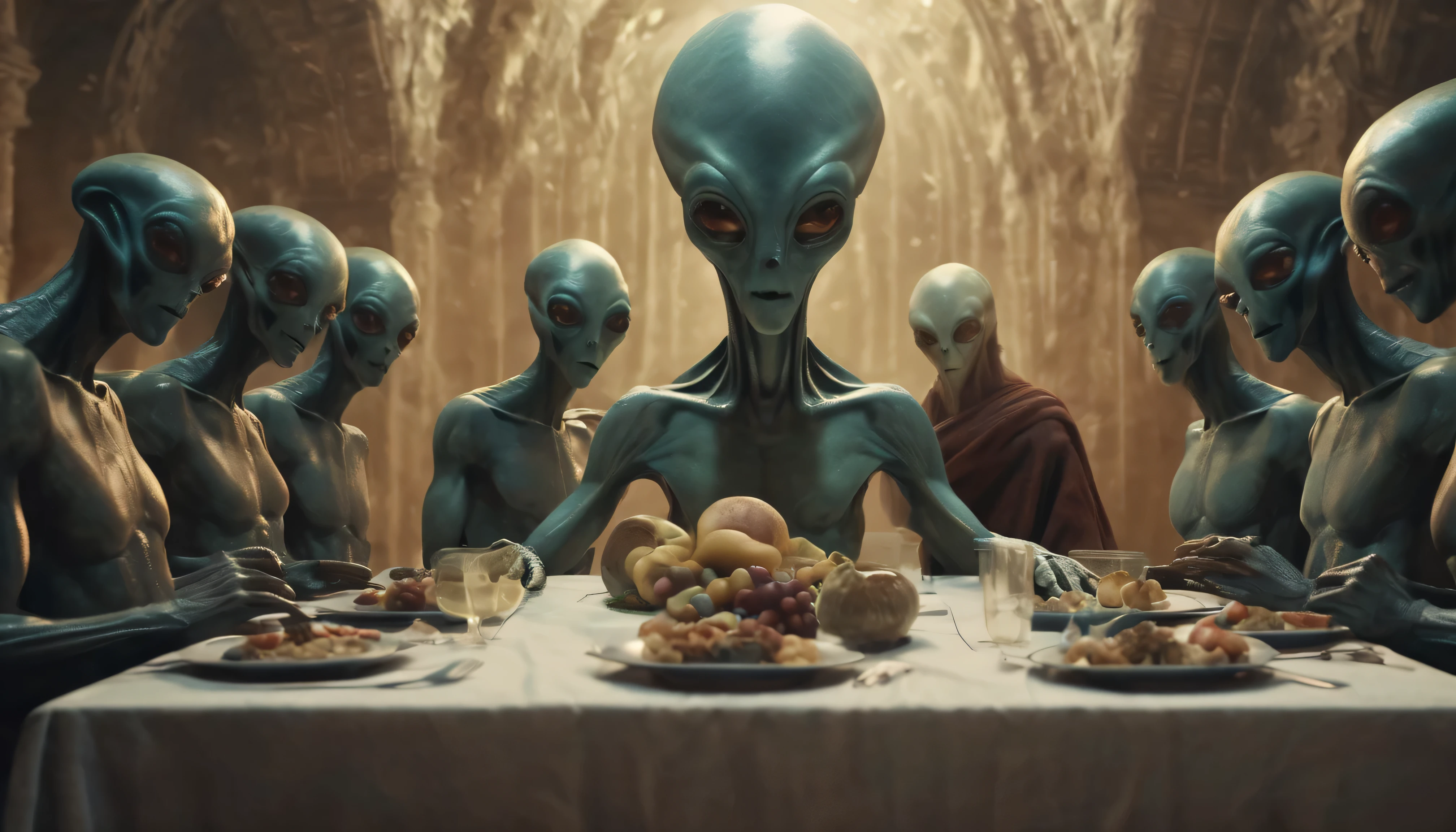 Create a surreal image of an alien holy supper, contendo [[[Jesus at the Center and the 13 apostles]]] with dark pastel tones, 8k cinematic quality, high resolution!