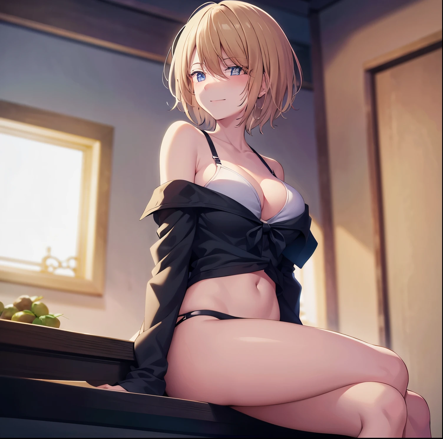 akane hououji, 1 girl, alone, looking at viewer, short hair, blue eyes, pale blonde hair, white shirt, open shirt, hair between eyes, bare shoulders, large breasts, medium waist, wide hips, medium thighs, black panties, black bra, shirt pull, white shirt, underwear, under the breast, from below, collared shirt, long sleeve, blushing, embarrassed, seductive, smiling, mouth closed, sitting on bed, legs crossed, perfect anatomy, perfect hands