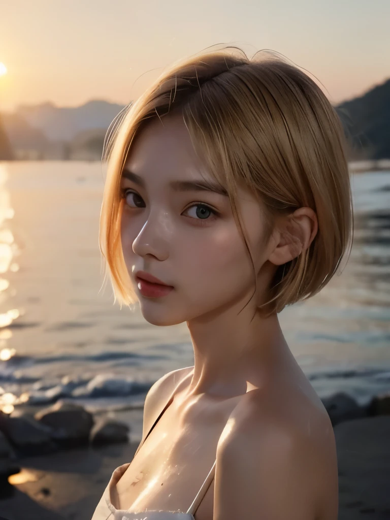 东方女性,20yo charming very natural fit women in love, short hair golden-blonde, big playful eyes, good complexion, (passionate-look:1.5), (bare face), (washed face), (dried face), skin pores, outdoor, backlit, volumetric fog, sunrise