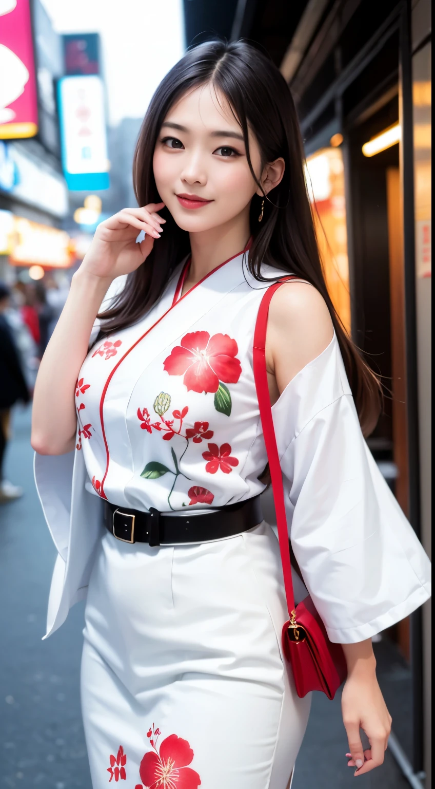 (masterpiece), highest image quality, ultra high-definition CGUnity 8k Wallpapers, solo, white kimono with intricately designed floral pattern, red belt, outdoors, The background is the lively and vibrant area of Dotonbori with its colorful neon lights and bustling crowds. Facial details show a gentle smile with wrinkles around the eyes and a elegantly shaped nose. Chestnut hair falls gently over the shoulder, high resolution image with the camera fixed on the subject as she smiles serenely. Full body image in high resolution.