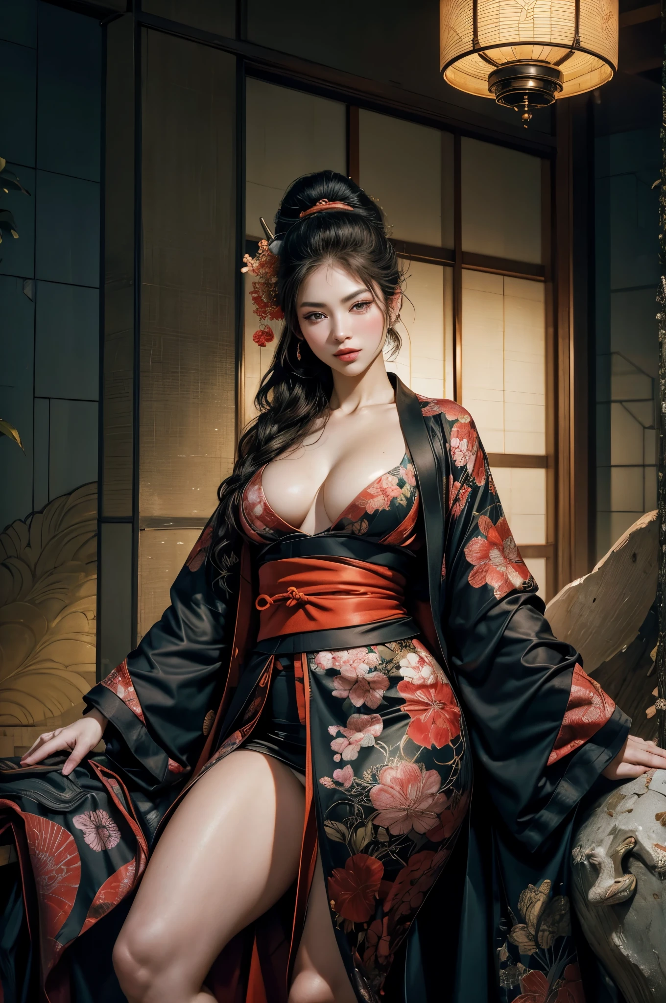Umalinda warrior sexy, pretty face, Delicious Company, Alluring figure, Wearing a sexy open kimono. The artwork is created in a medium reminiscent of Japanese ink paintings....., 具有大胆的笔触和Monochromatic color palette. artist'Masterful technique reveals the intensity and power of the image'sense of presence,with the highest quality, Perfectly capture every detail with ultra-high resolution. Textures and intricate patterns on kimonos are rendered with extreme precision. Lighting is carefully designed,Enhance drama, Features deep shadows and subtle highlights. General, The artwork exudes elegance and power, Combining traditional Japanese aesthetics with a modern feel. Monochromatic color palette, Combine details, Create captivating and immersive experiences for your audience.