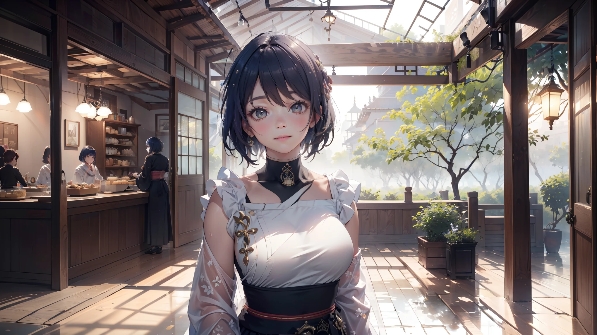 (best quality,8k,highres,masterpiece:1.2),(realistic,photorealistic,photo-realistic:1.37), ในตาสีม้วง, ชุดเมดแบบคลาสสิค, traditional Japanese bakery,beautiful detailed eyes,happiness,glowing eyes,smiling,peaceful atmosphere,traditional Japanese clothes,working(คุณภาพดีที่สุด,เต็มรูปแบบ,โฆษณา:1.2),แสงสว่างและอบอุ่น,หวานง่มงวง,ความสุขบริบูรณ์,ไม่แสดงออก, sakura tree,tranquil,aroma scent,dreamlike,vivid colors,subtle lighting,traditional Japanese tea set,lively ambiance