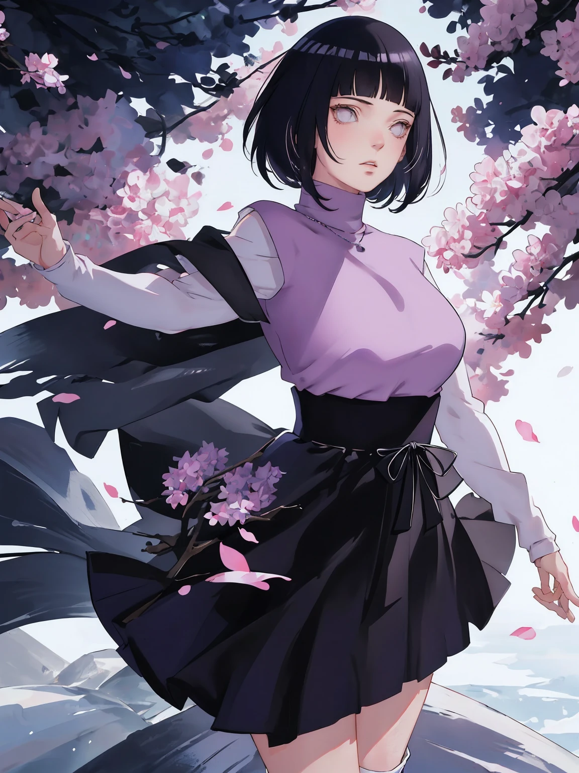 { - anatomy error} (Masterpiece - Ultra-detailed, very high resolution) (huge titusty, masterpiece, absurdres, hinata\(boruto\), 1girl, solo,mature female, lilac turtleneck blouse, high waist black long skirt, looking at viewelling petals), perfect composition, detailed lips, big breast, beautiful face, body propotion, blush, (pink lips), short hair, (black hair), purple eyes, soft gaze, super realistic, detailed, photoshoot, realistic face and body, closed mouth , lilac eyes, full body, upper body , backwards, looking back, black boots, hidden hands, perfect fingers, inocent face