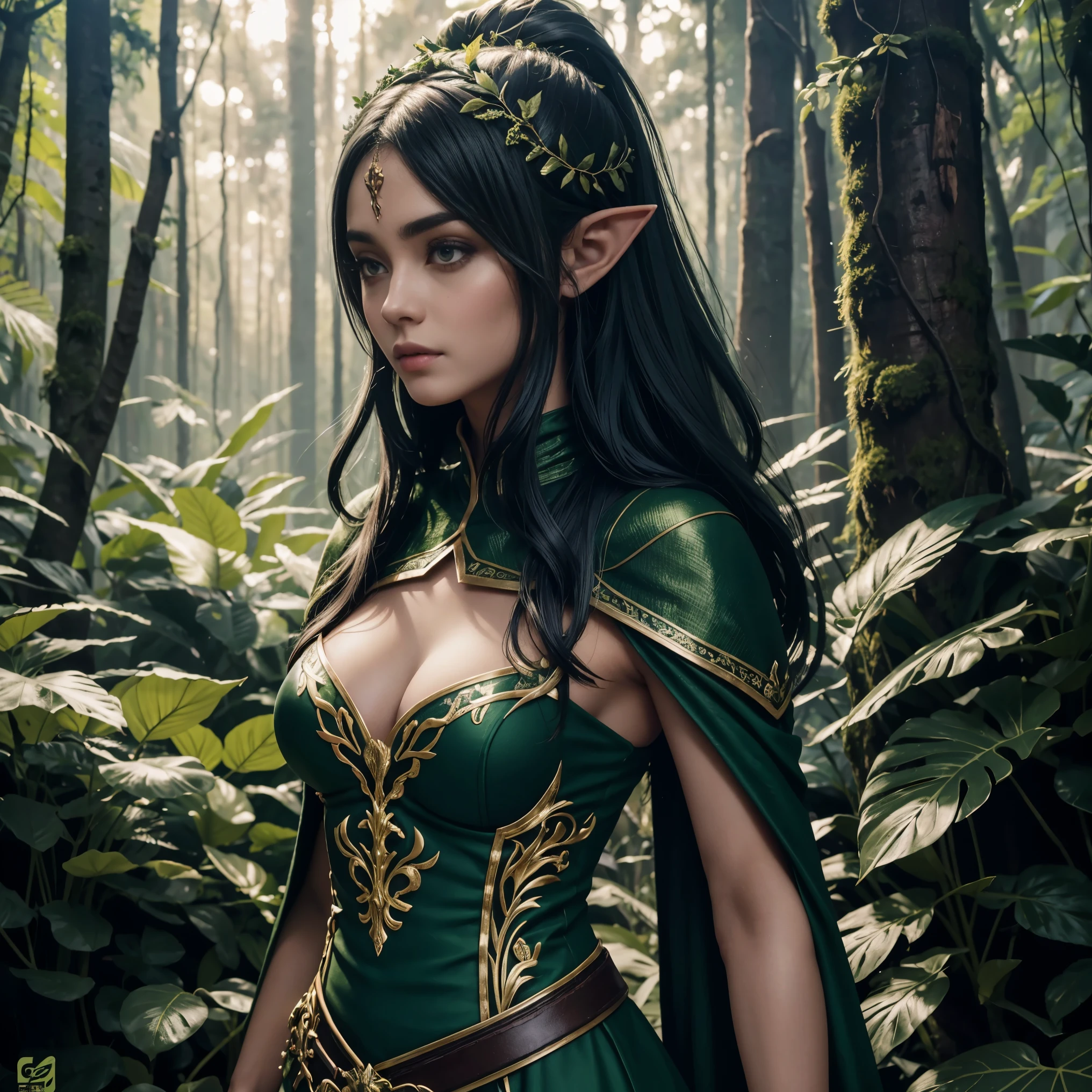 elfo da floresta bonito, cara bonita, Belo corpo, Cabelo preto, vestindo armadura, capa verde, em uma floresta, 8k, extremamente detalhado, ultra realista