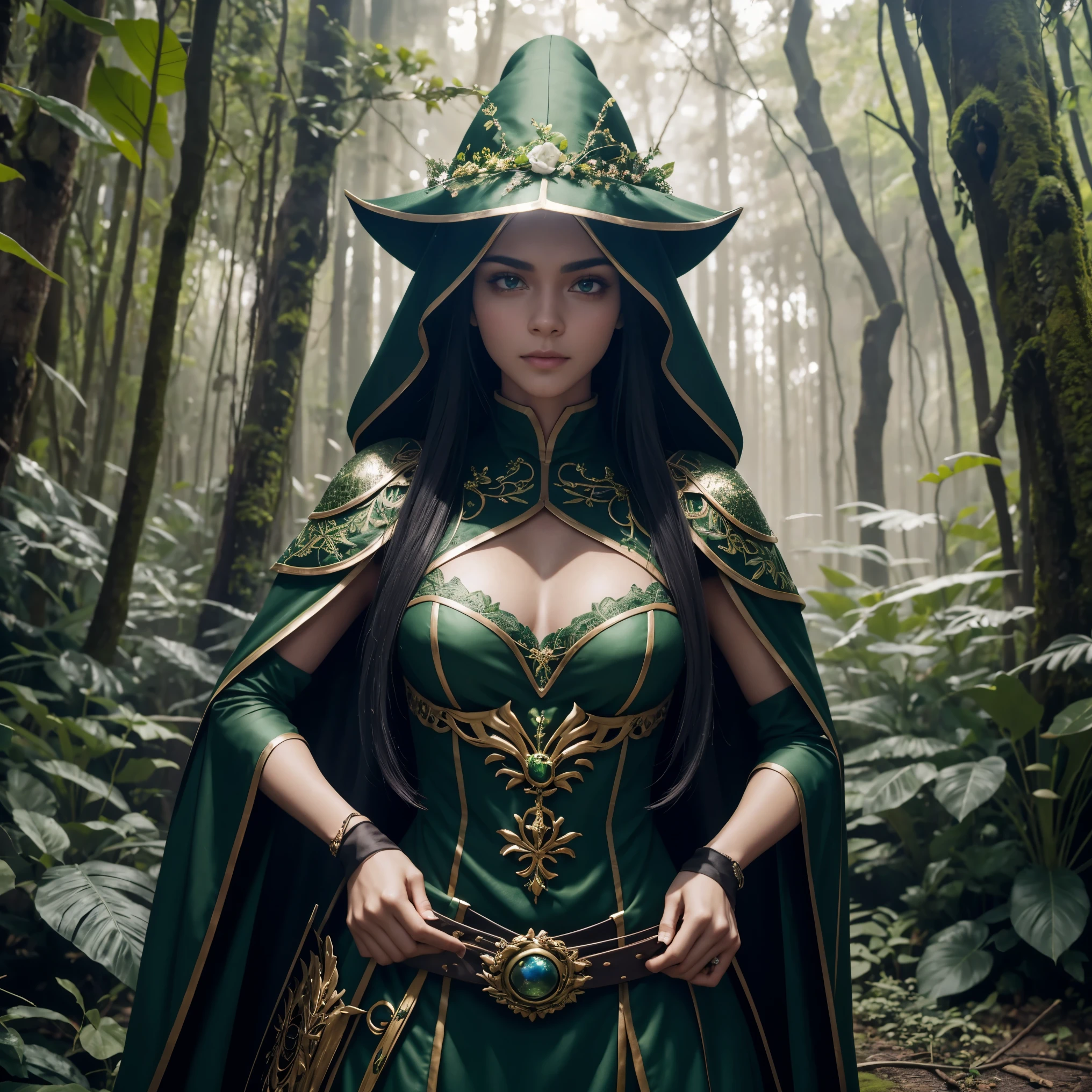 elfo da floresta bonito, cara bonita, Belo corpo, Cabelo preto, vestindo armadura, capa verde, em uma floresta, 8k, extremamente detalhado, ultra realista