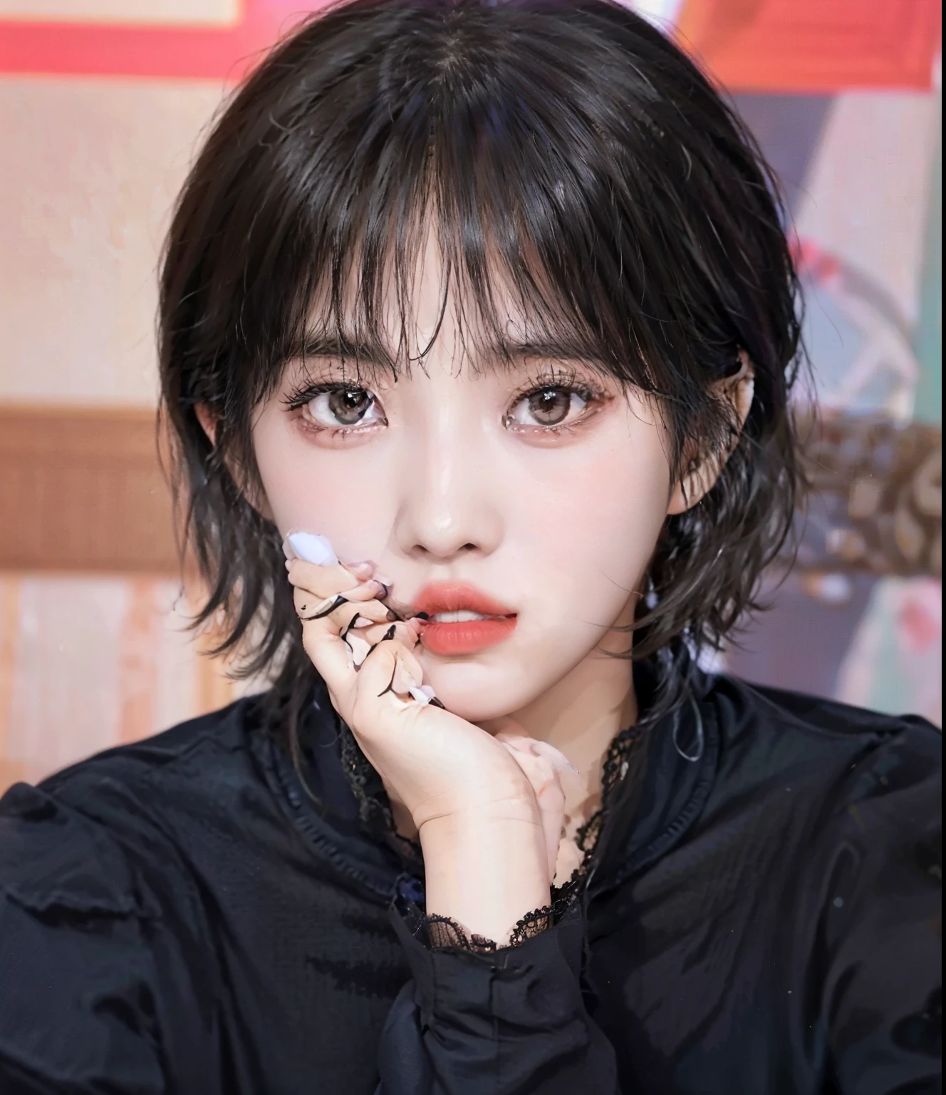 un primer plano de un hombre con una camisa negra y una chaqueta negra, kim doyoung, jinyoung shin, young pale angel, aesthetic jinyoung pimple, diez lee, yanjun chengt, hyung tae, Inspirado por Bian Shoumin, pale korean adorable face, Kpop idol portrait, foto de perfil en la cabeza, kim taejin, jia, Mirada inocente, cai xukun